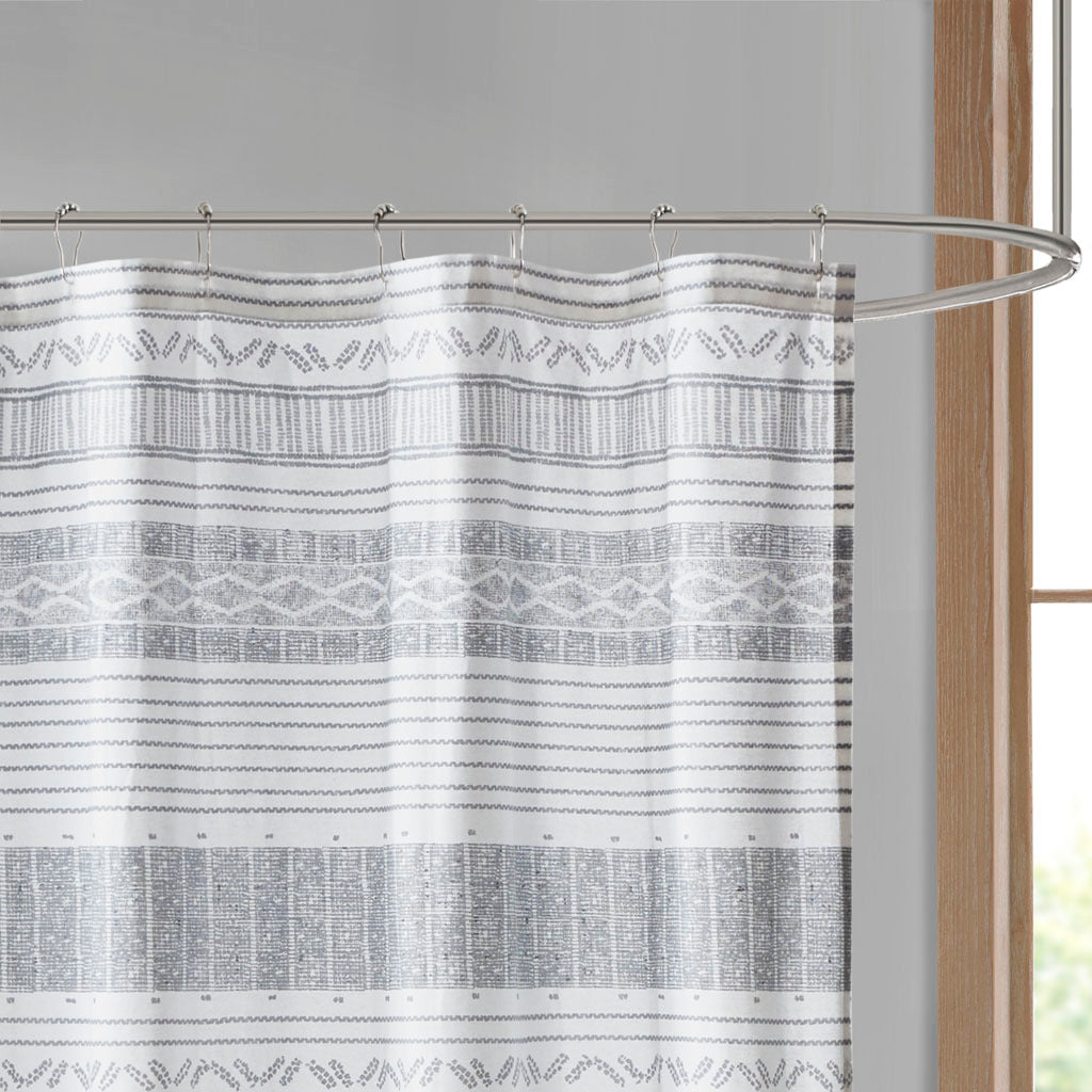 Cotton Stripe Printed Shower Curtain With Tassel Gray Navy Cotton