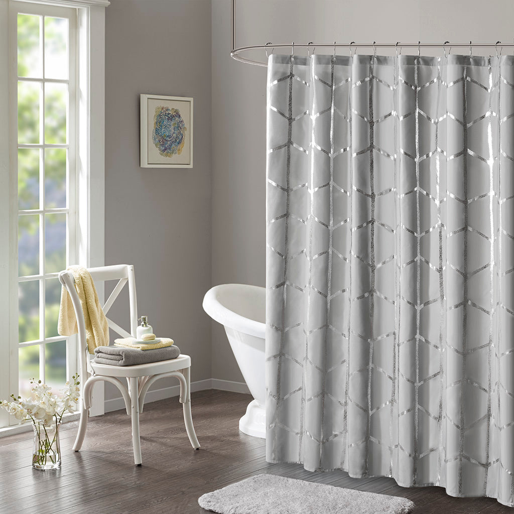 Printed Metallic Shower Curtain Grey Silver Microfiber