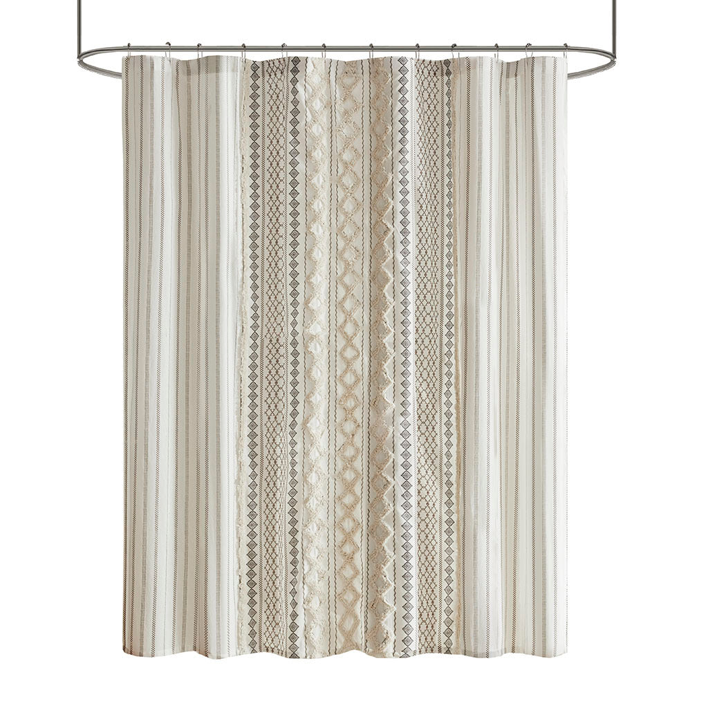 Cotton Printed Shower Curtain With Chenille Ivory Cotton