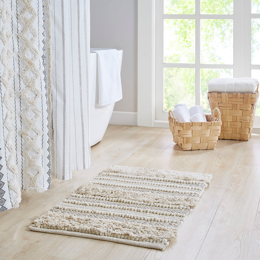 Woven Texture Stripe Bath Rug Natural Polyester