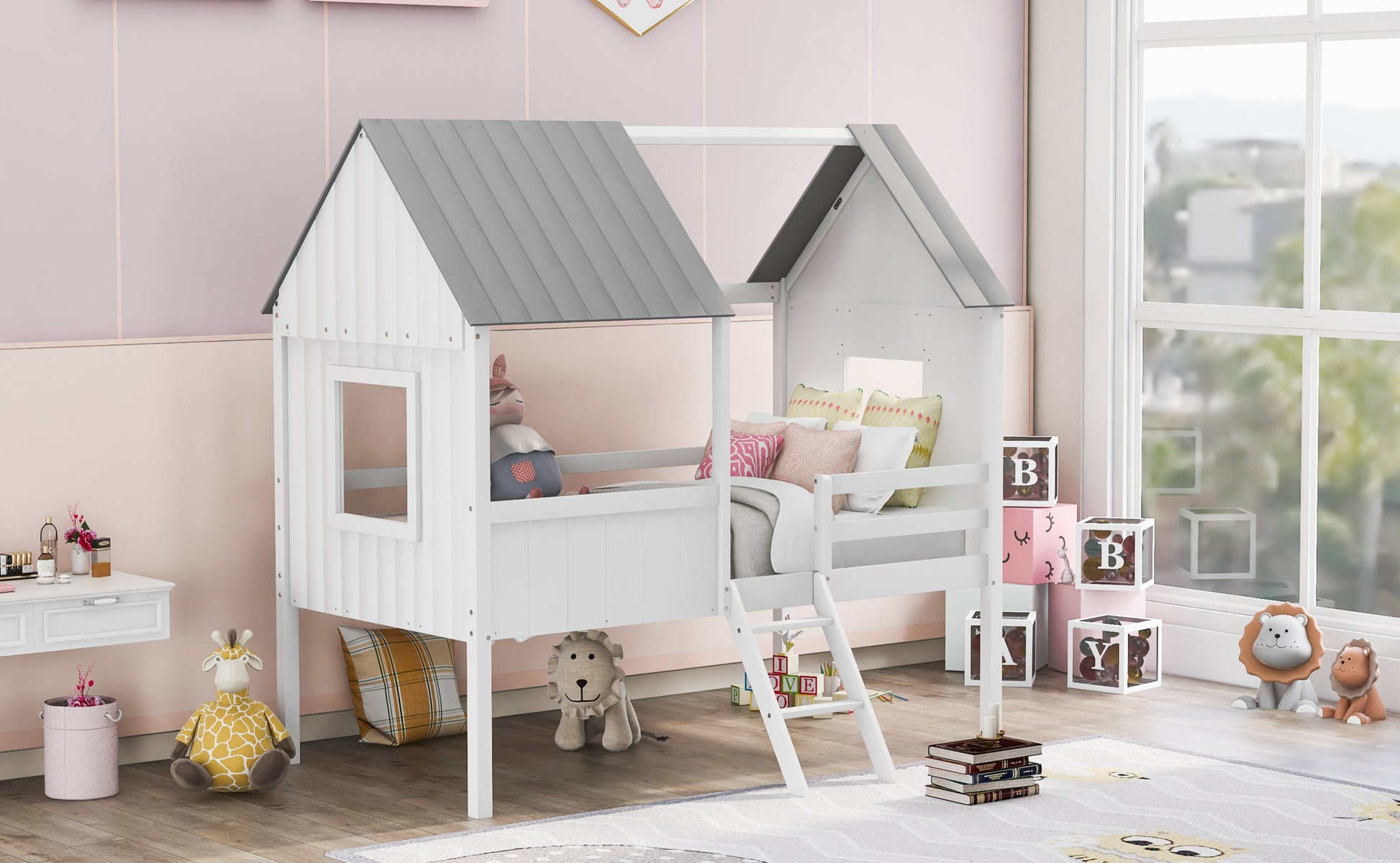 Twin Size Low Loft Wood House Bed With Two Side Windows White Gray Old Sku: Lp000037Aae Gray Solid Wood