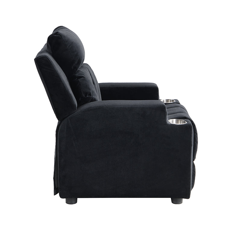Kids Recliner Chair, Kids Upholstered Couch With Two Cup Holder, Footrest, Backrest, Toddlers Velvet Recliner With Headrest And Footrest Black Velvet