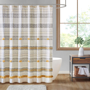 Cotton Stripe Printed Shower Curtain With Tassel Gray Yellow Cotton