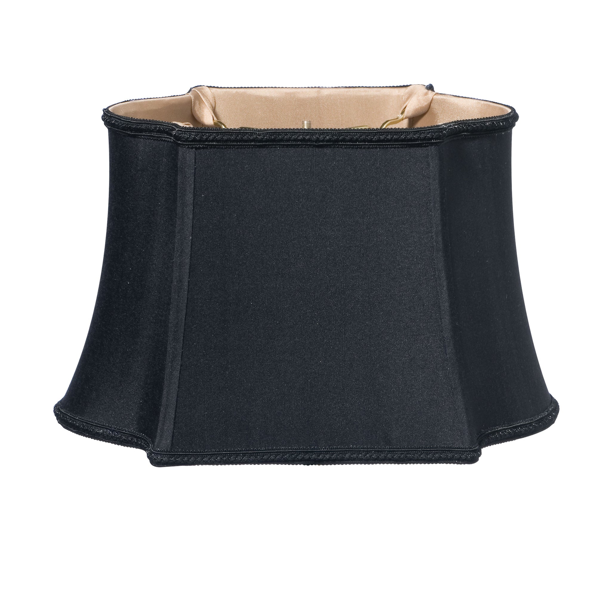 Fancy Oblong Softback Lampshade With Washer Fitter, Black Natural Fabric Lampshade With Bronze Lining For Table Lamps, 7.25X11.375" Top X 8.875X14" Bottom X 8.875" Height Black Shantung