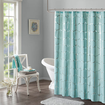 Printed Metallic Shower Curtain Aqua Silver Microfiber