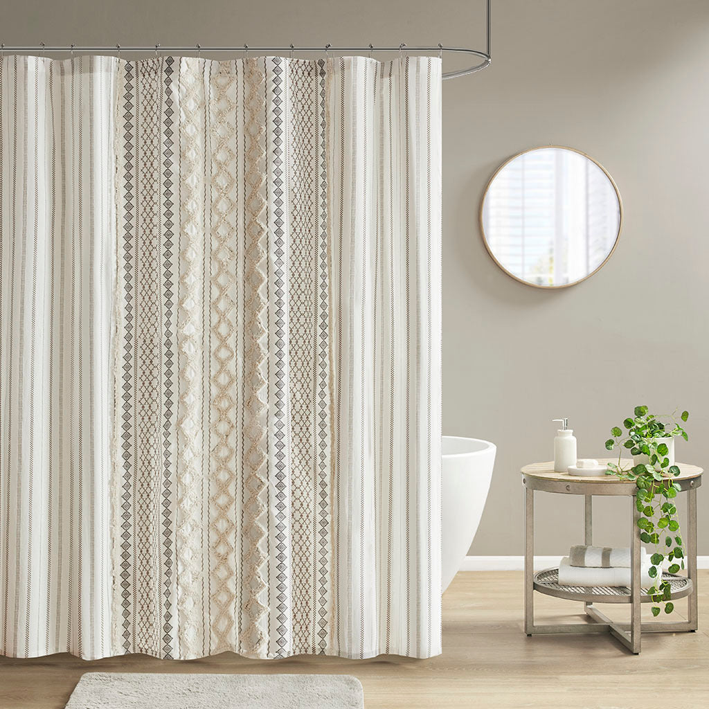 Cotton Printed Shower Curtain With Chenille Ivory Cotton