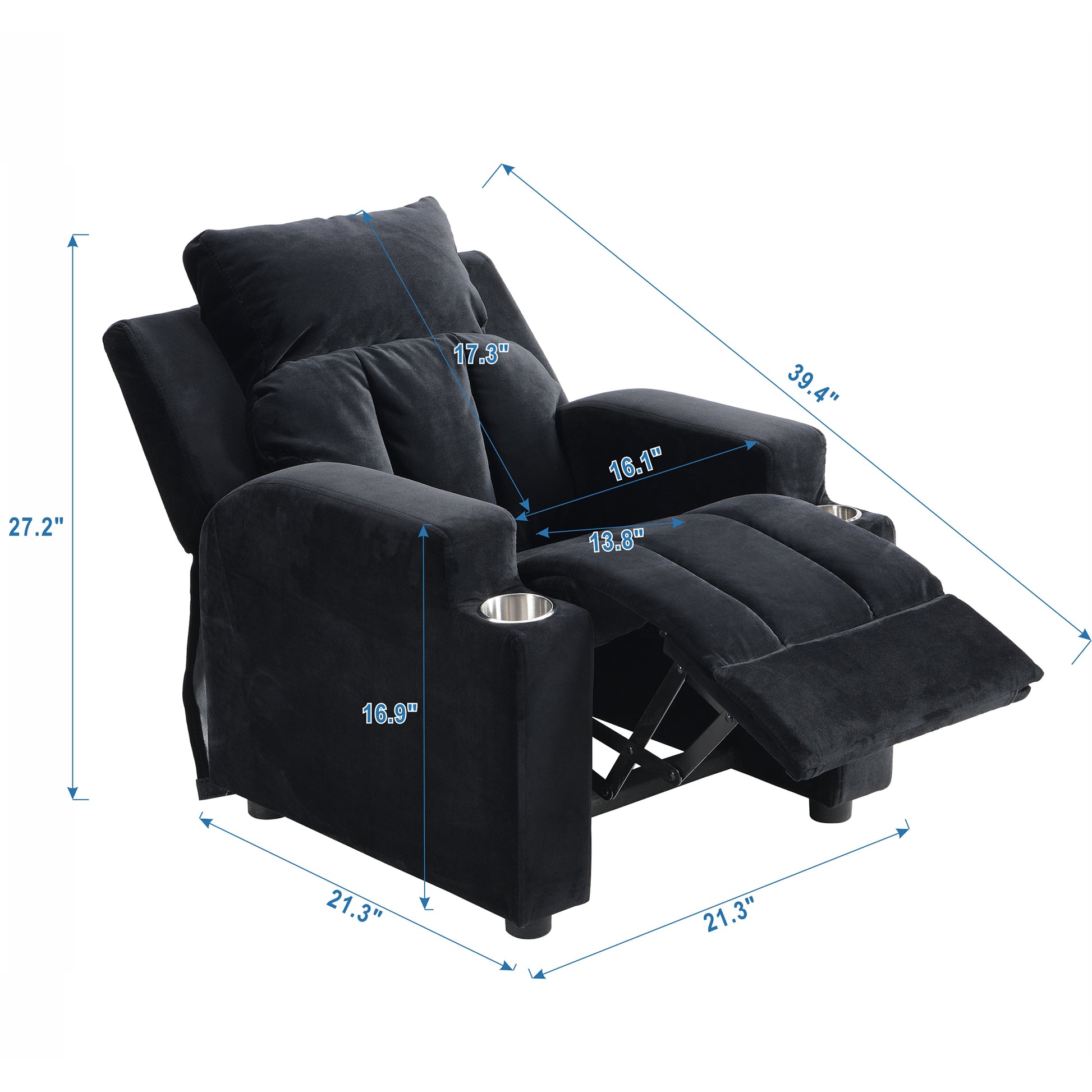 Kids Recliner Chair, Kids Upholstered Couch With Two Cup Holder, Footrest, Backrest, Toddlers Velvet Recliner With Headrest And Footrest Black Velvet