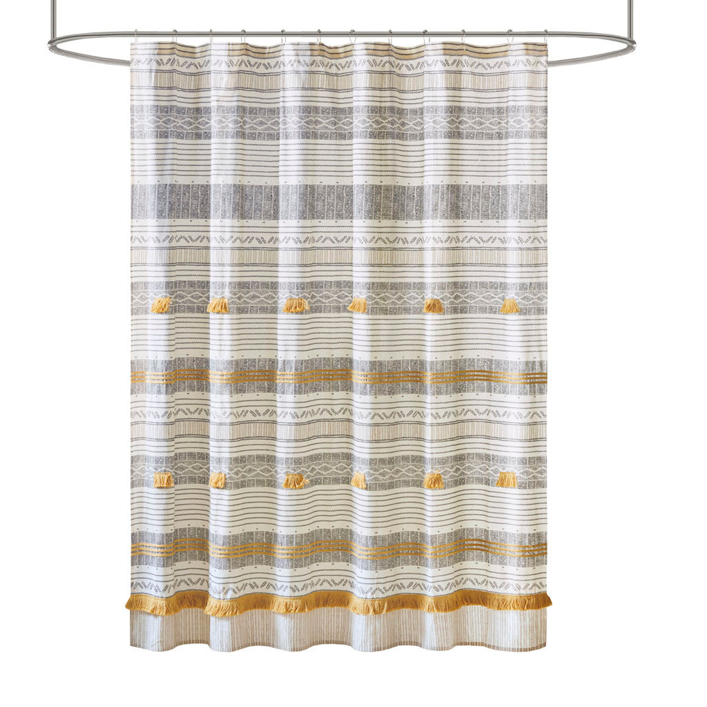 Cotton Stripe Printed Shower Curtain With Tassel Gray Yellow Cotton