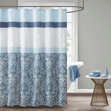 Printed And Embroidered Shower Curtain Blue Microfiber