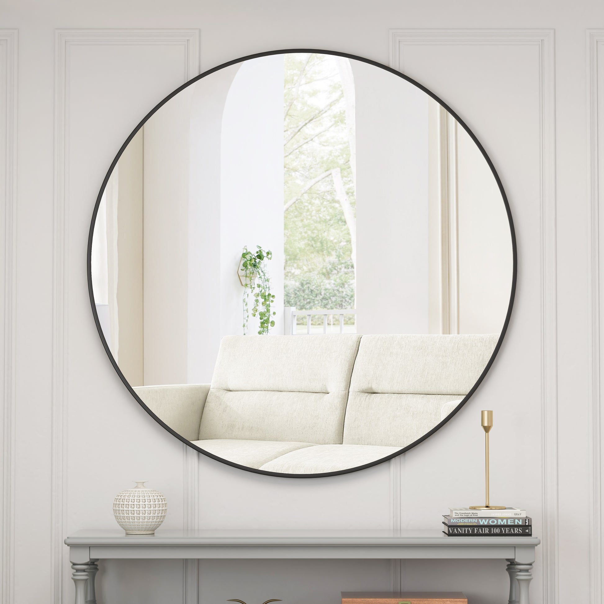 Wall Mirror 48 Inch Oversized Big Size Black Circular Mirror Metal Framed Mirror Round Vanity Mirror Dressing Mirror, For Bathroom, Living Room, Bedroom Wall Decor Black Glass Metal