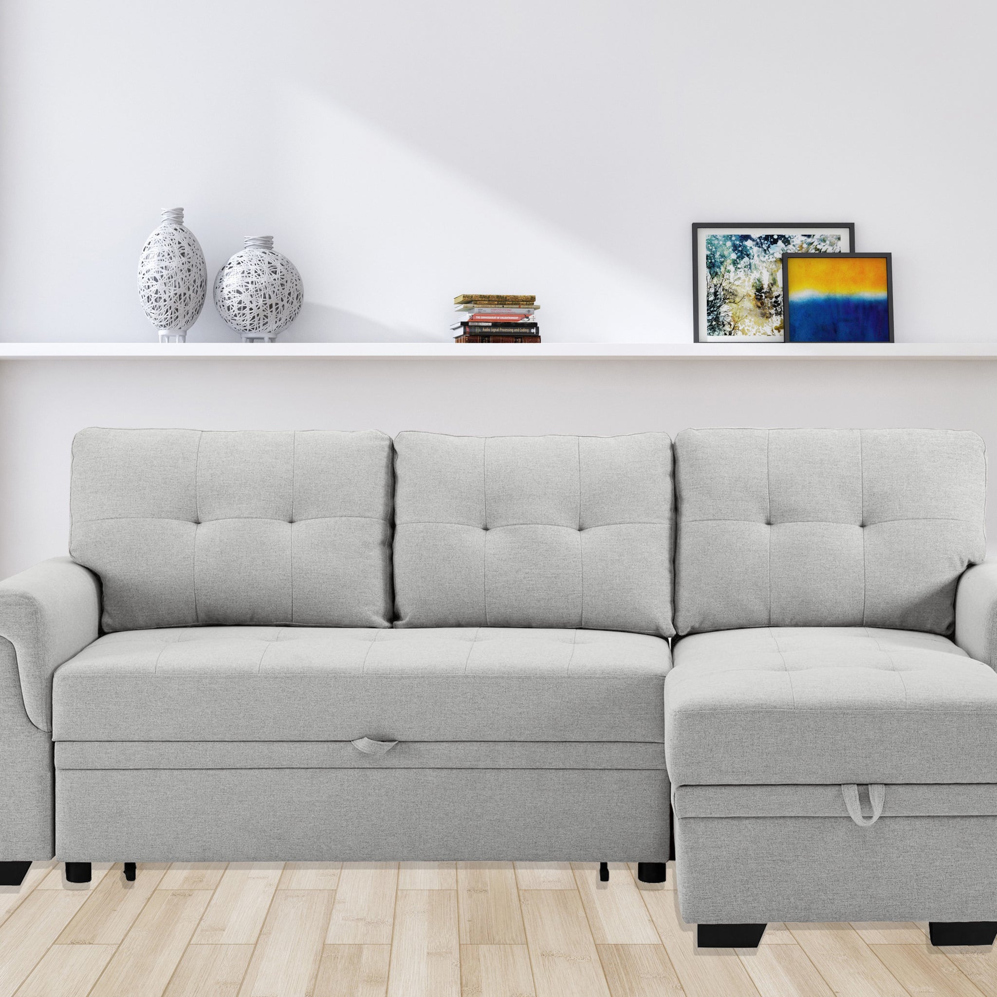 Destiny 84" Light Gray Linen Reversible Sleeper Sectional Sofa With Storage Chaise Light Gray Linen