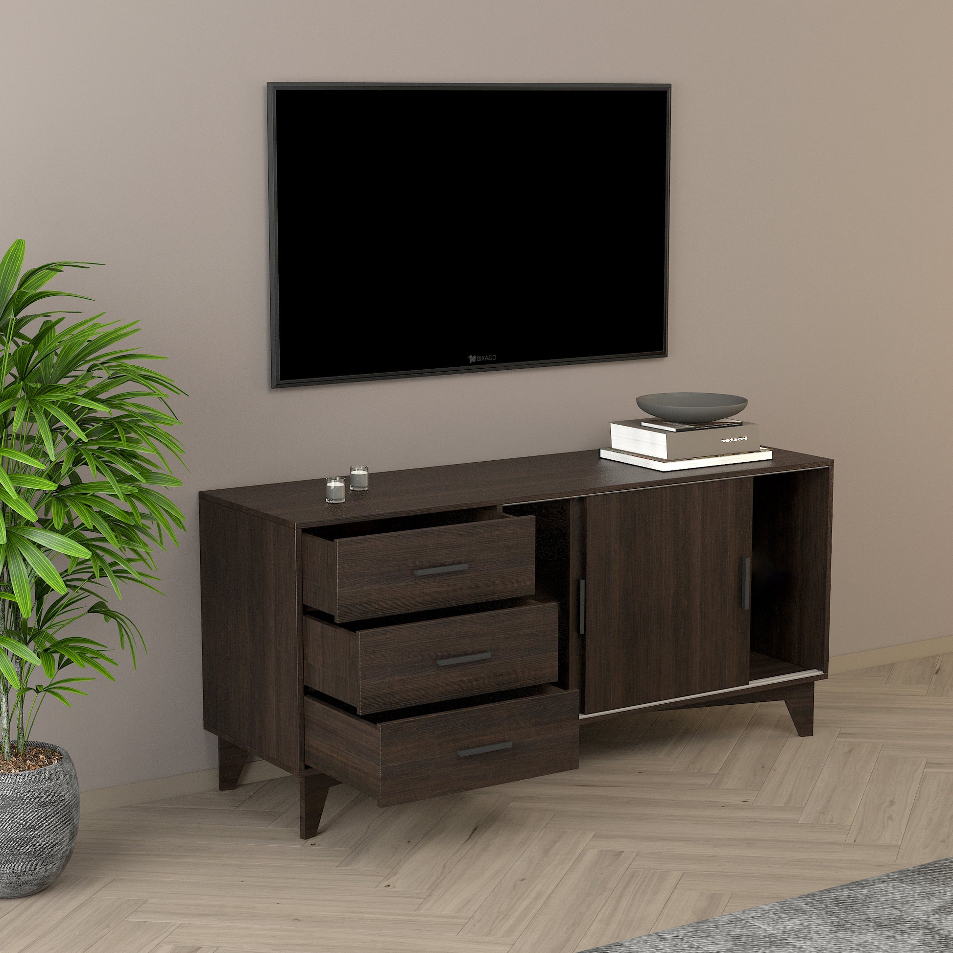 Parker Tv Stand With Sliding Doors And Drawers In Dark Brown Dark Brown Mdf Melamine