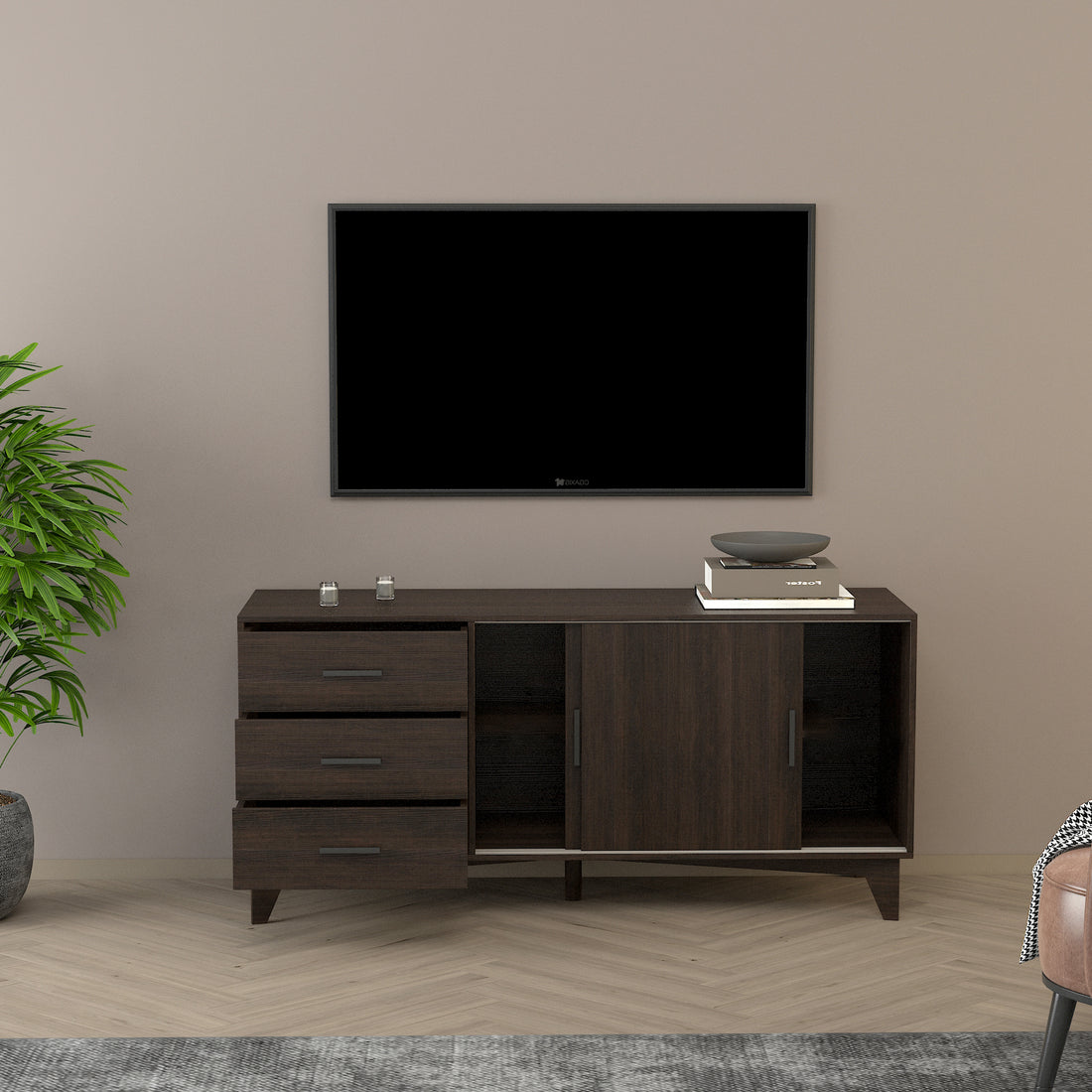 Parker Tv Stand With Sliding Doors And Drawers In Dark Brown Dark Brown Mdf Melamine