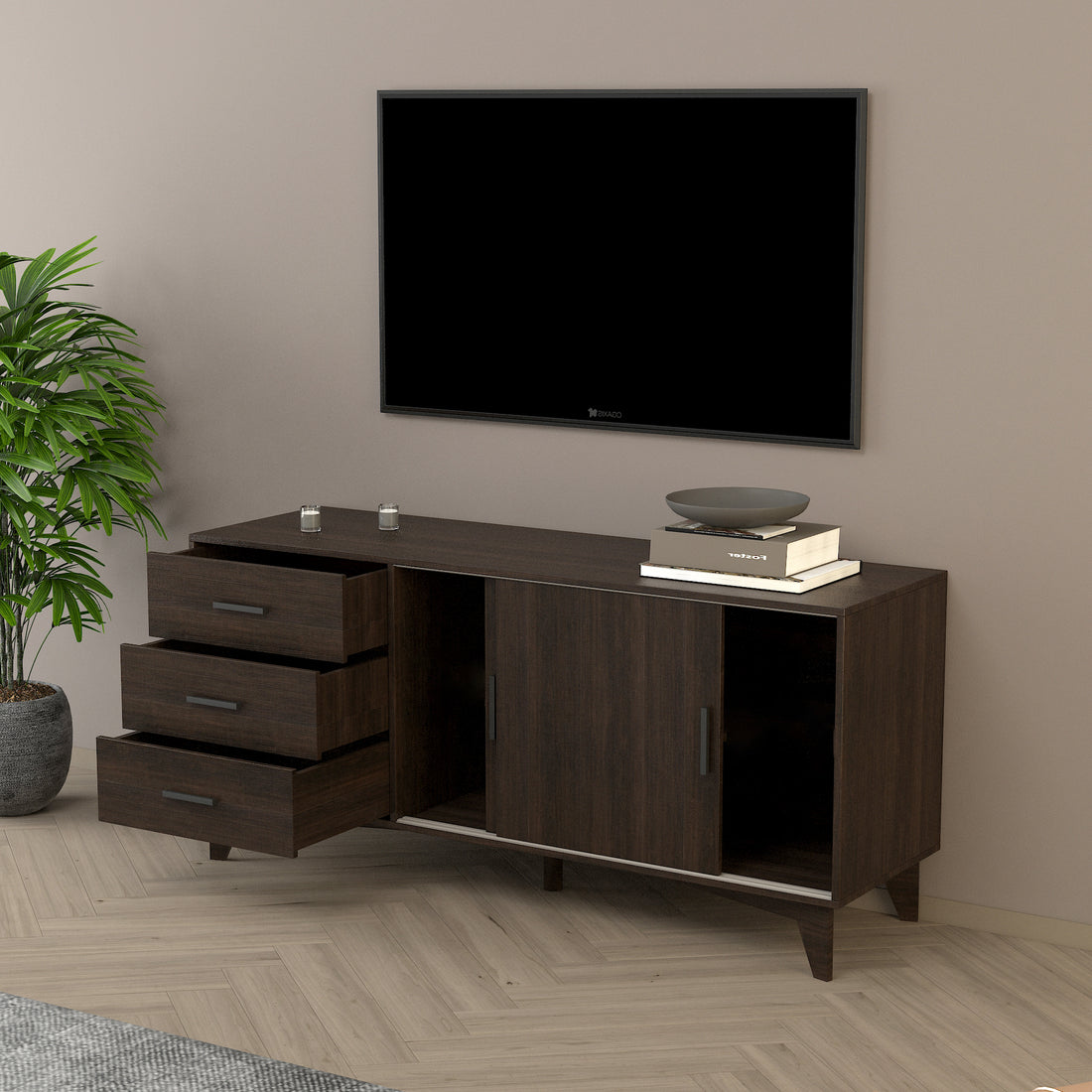 Parker Tv Stand With Sliding Doors And Drawers In Dark Brown Dark Brown Mdf Melamine