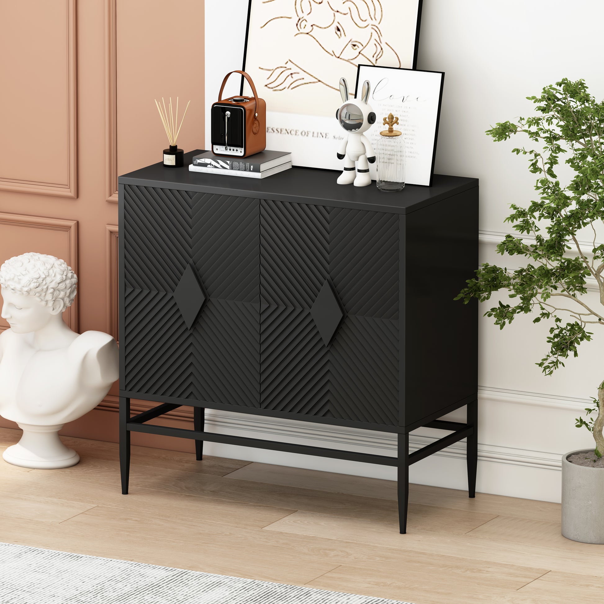 31.50" Modern 2 Door Wooden Storage Cabinet Accent Cabinet With Metal Leg Featuring Two Tier Storage, For Living Room, Entryway And Dining Room, Painted In Black Accent Chests Painted Or Hand Painted Black Primary Living Space Art