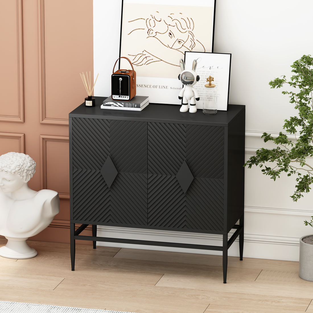 31.50" Modern 2 Door Wooden Storage Cabinet Accent Cabinet With Metal Leg Featuring Two Tier Storage, For Living Room, Entryway And Dining Room, Painted In Black Accent Chests Painted Or Hand Painted Black Primary Living Space Art