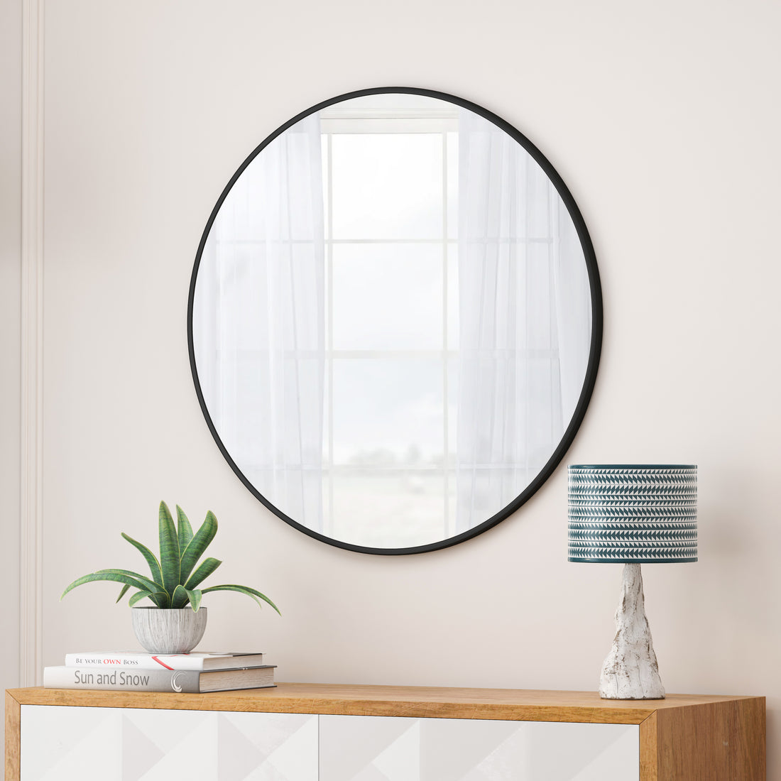 Wall Mirror 28 Inch Black Circular Mirror Metal Framed Mirror Round Vanity Mirror Dressing Mirror, For Bathroom, Living Room, Bedroom Wall Decor Black Glass