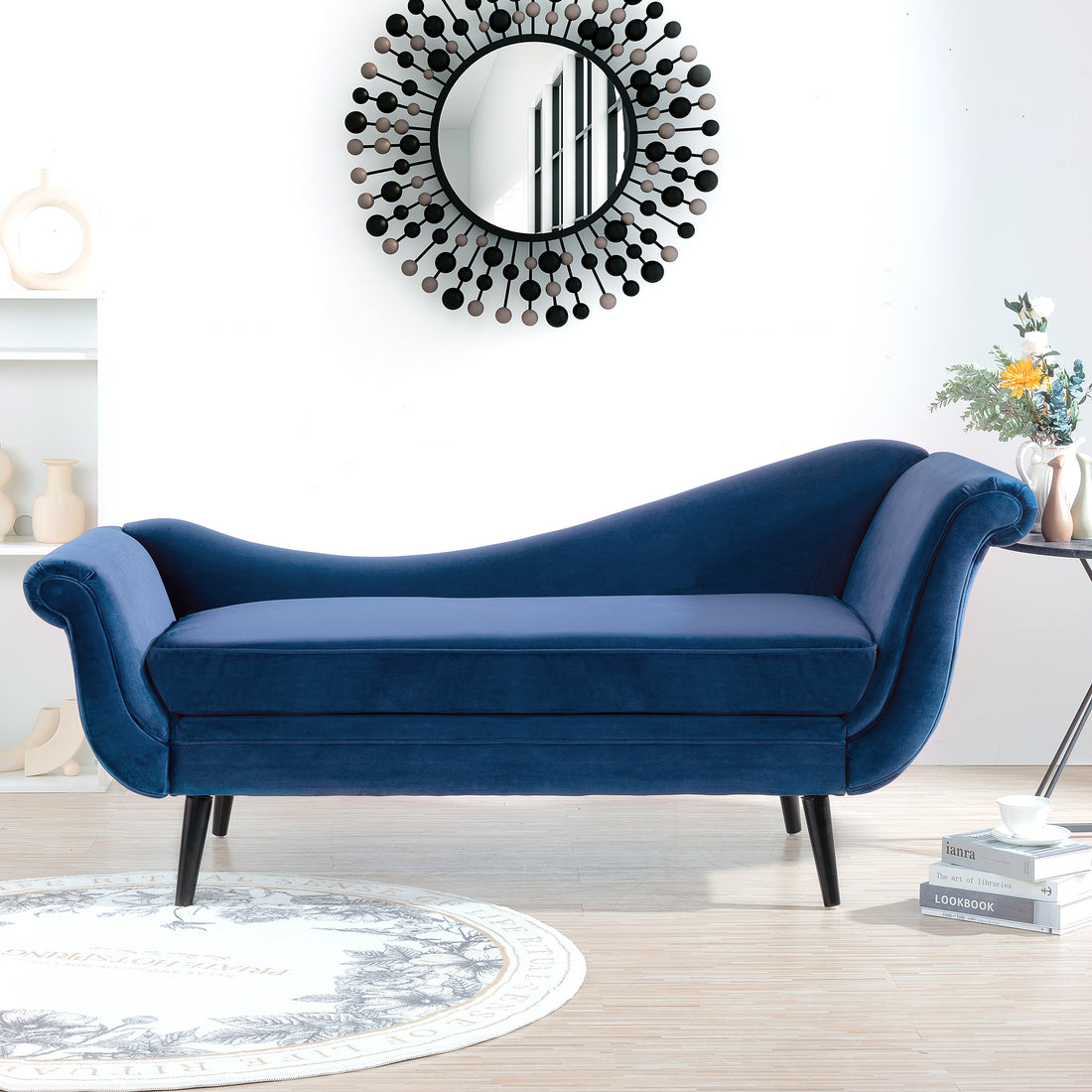 Chaise Lounge With Scroll Arm Blue Fabric