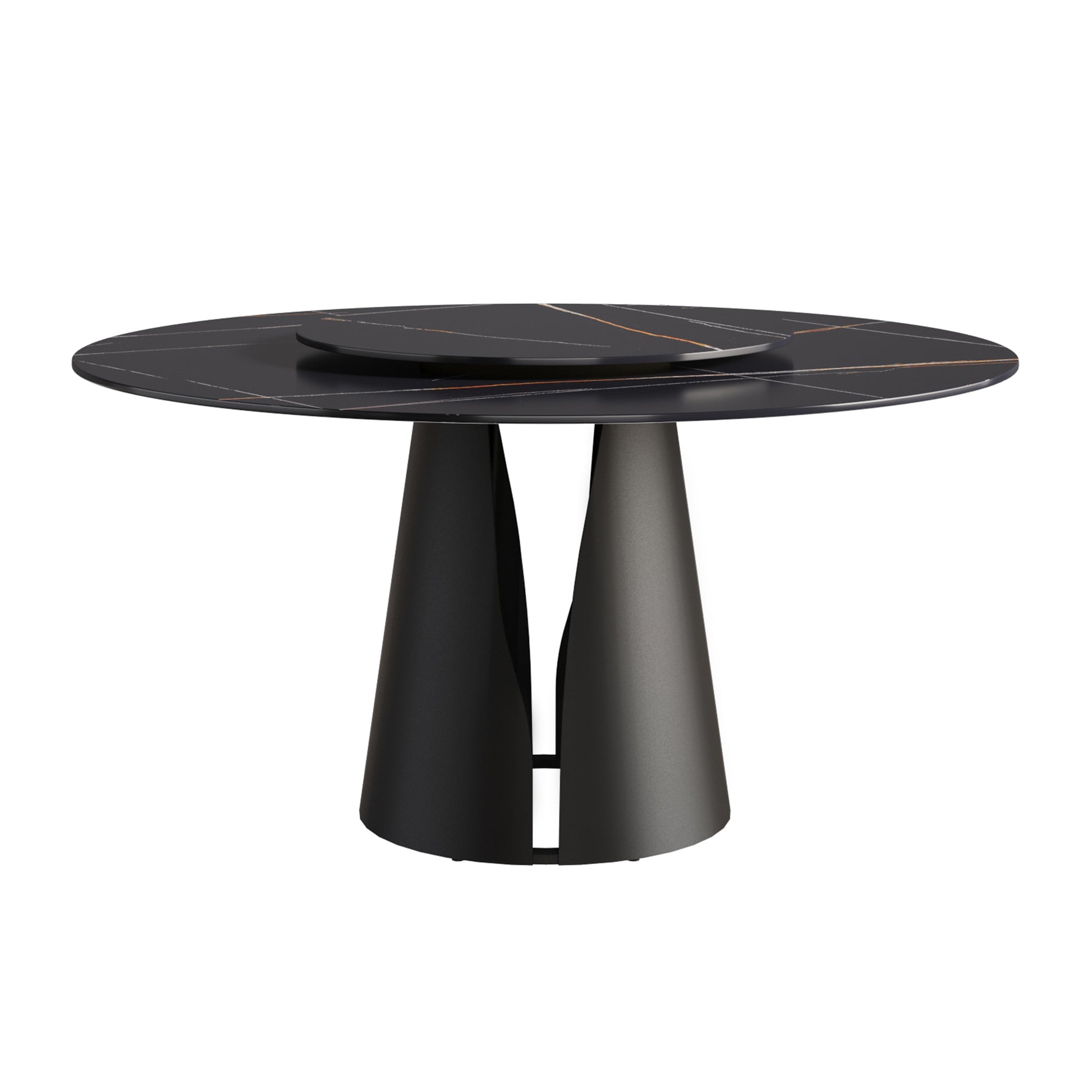 59.05"Modern Artificial Stone Round Black Carbon Steel Base Dining Table Can Accommodate 6 People 31.5"Black Artificial Stone Turntable Black Metal Sintered Stone