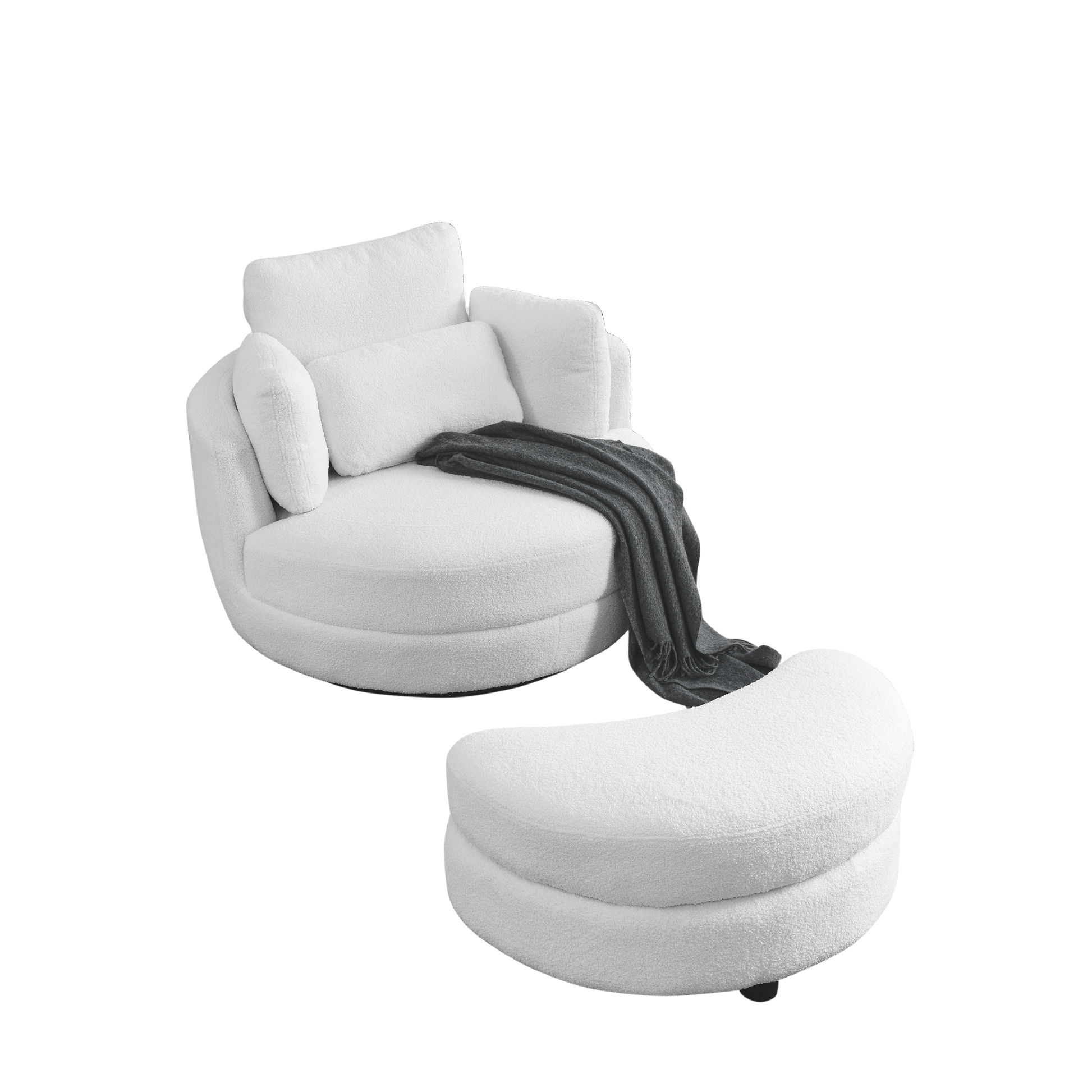 39"W Oversized Swivel Chair With Moon Storage Ottoman For Living Room, Modern Accent Round Loveseat Circle Swivel Barrel Chairs For Bedroom Cuddle Sofa Chair Lounger Armchair, 4 Pillows, Teddy Fabric Ivory Foam Fabric