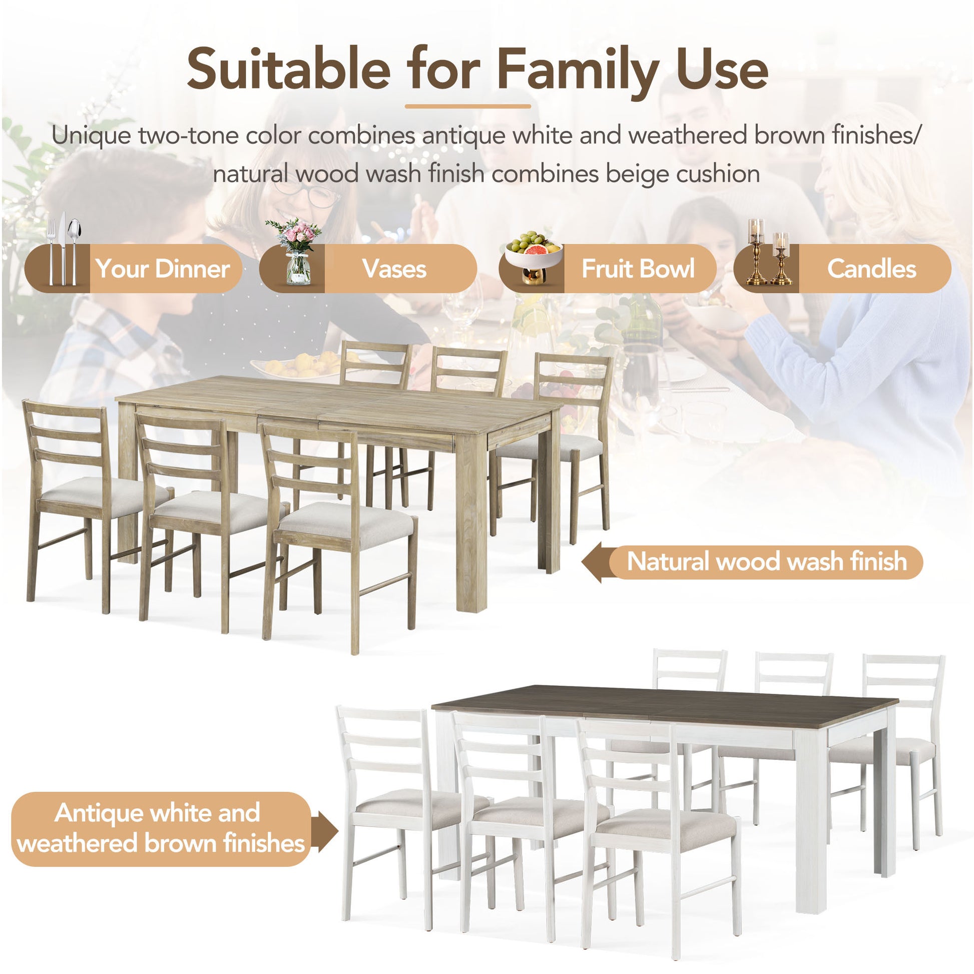 7 Piece Wooden Dining Table Set Mutifunctional Extendable Table With 12" Leaf And 2 Drawers, 6 Dining Chairs With Soft Cushion Natural Wood Wash Natural Wood Wash Solid Wood