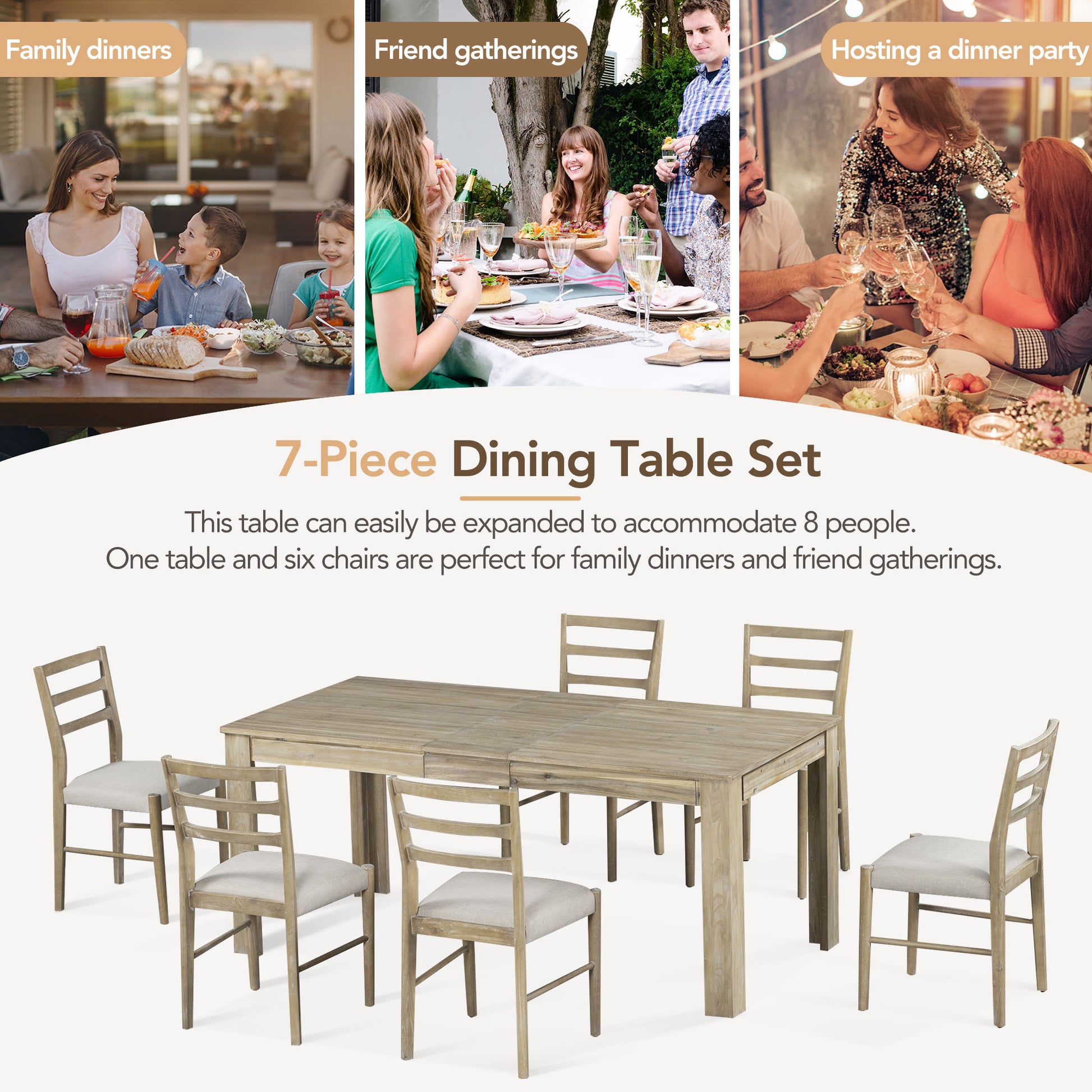 7 Piece Wooden Dining Table Set Mutifunctional Extendable Table With 12" Leaf And 2 Drawers, 6 Dining Chairs With Soft Cushion Natural Wood Wash Natural Wood Wash Solid Wood