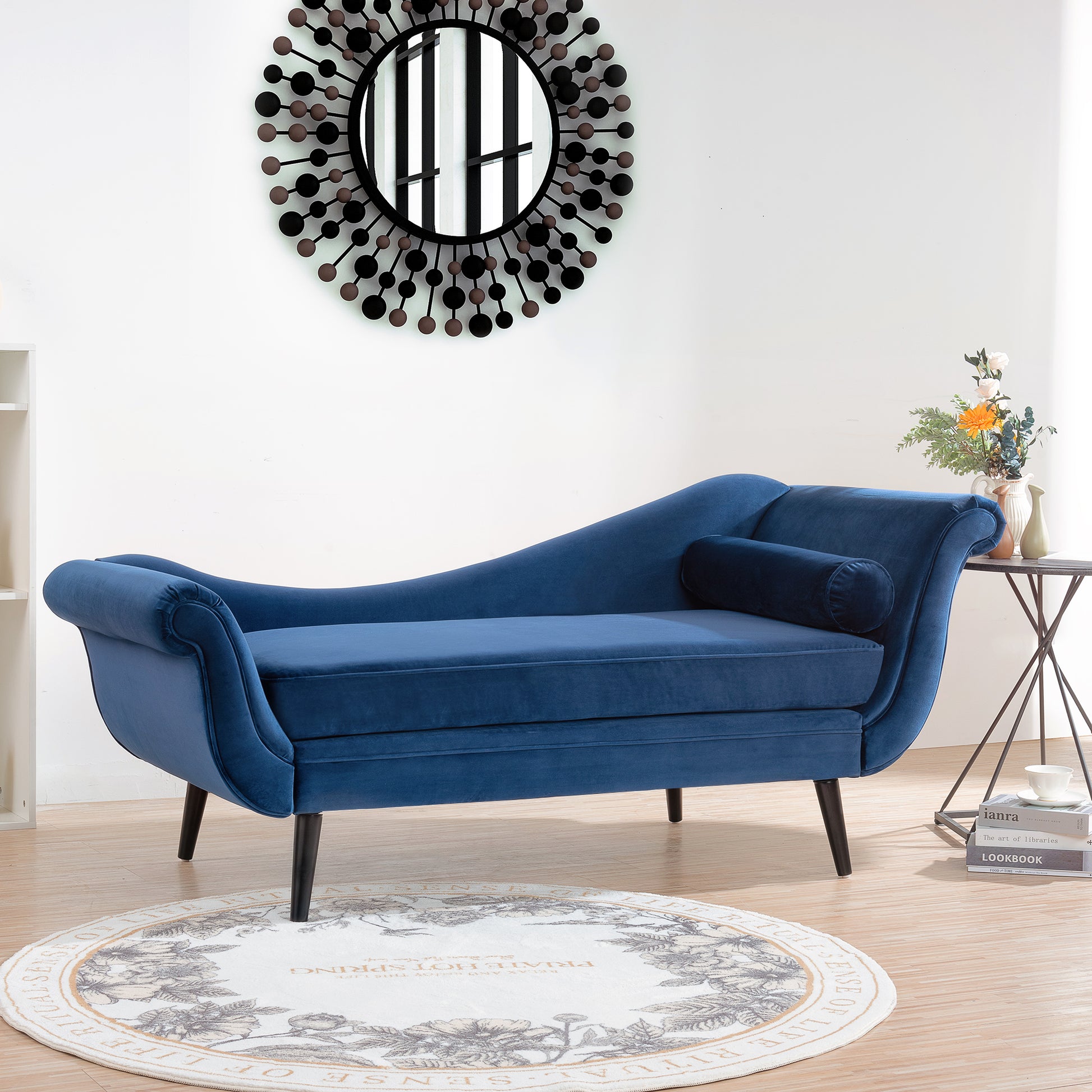 Chaise Lounge With Scroll Arm Blue Fabric