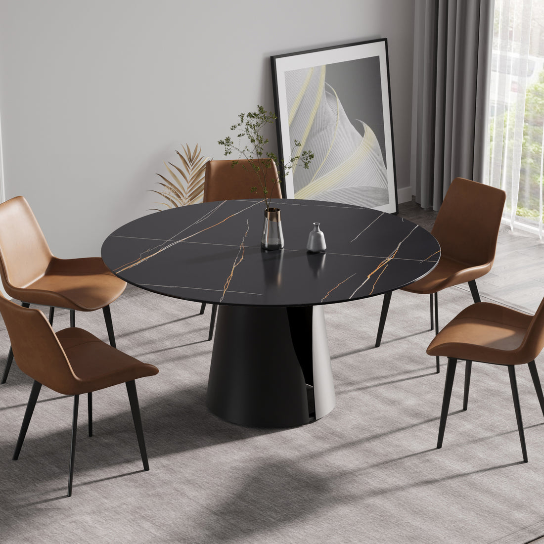 59.05"Modern Artificial Stone Round Black Carbon Steel Base Dining Table Can Accommodate 6 People Black Metal Sintered Stone