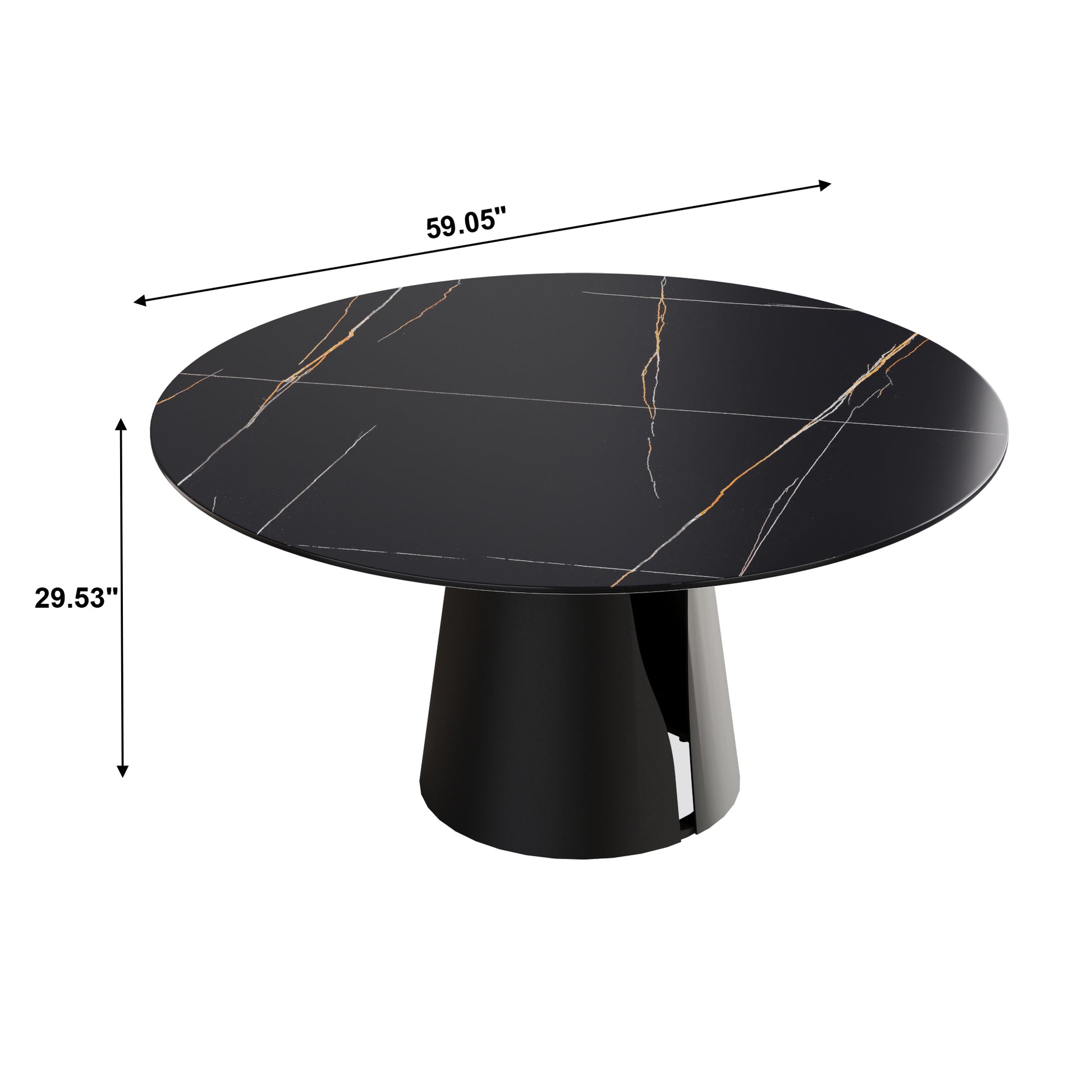 59.05"Modern Artificial Stone Round Black Carbon Steel Base Dining Table Can Accommodate 6 People Black Metal Sintered Stone