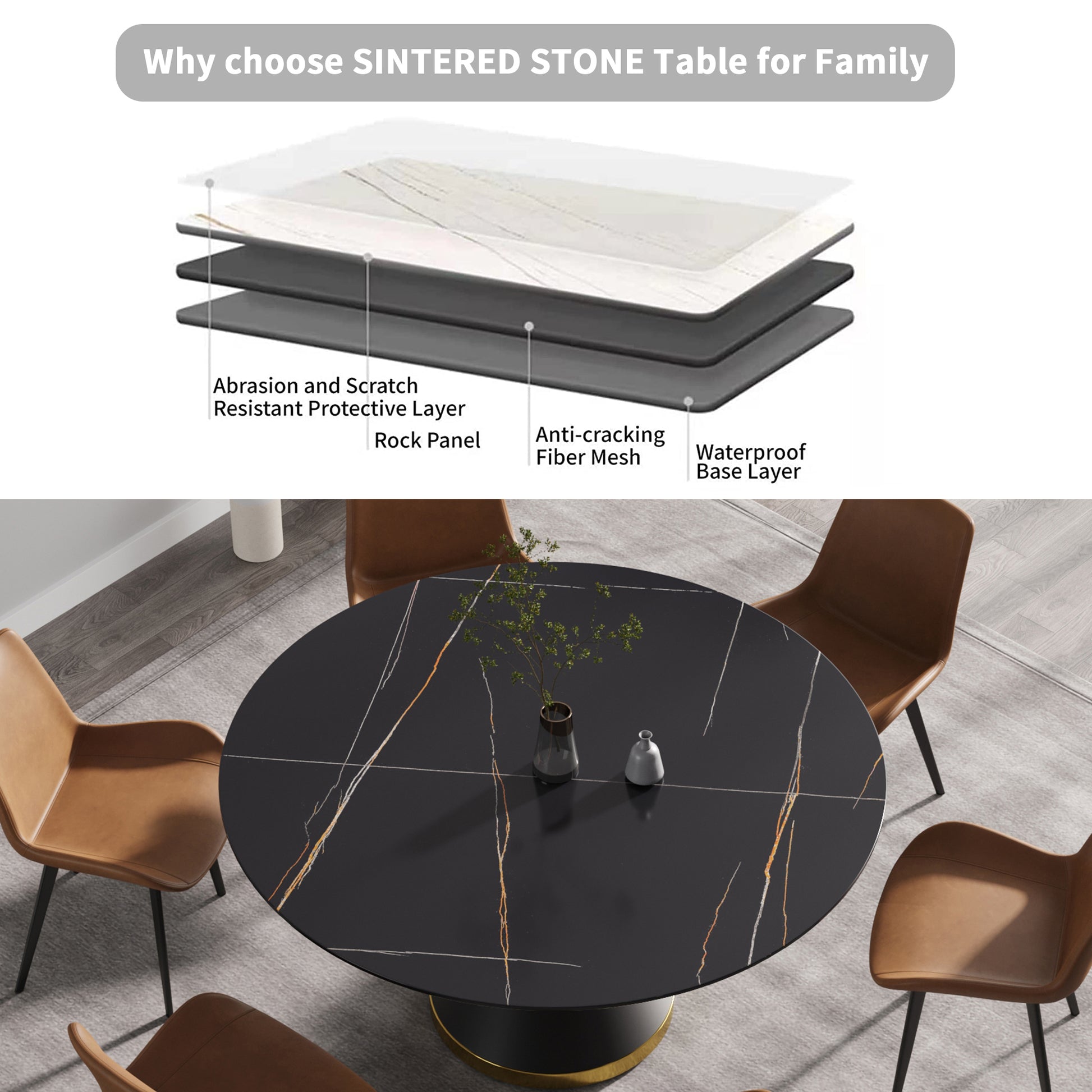 59.05"Modern Artificial Stone Round Black Carbon Steel Base Dining Table Can Accommodate 6 People Black Metal Sintered Stone