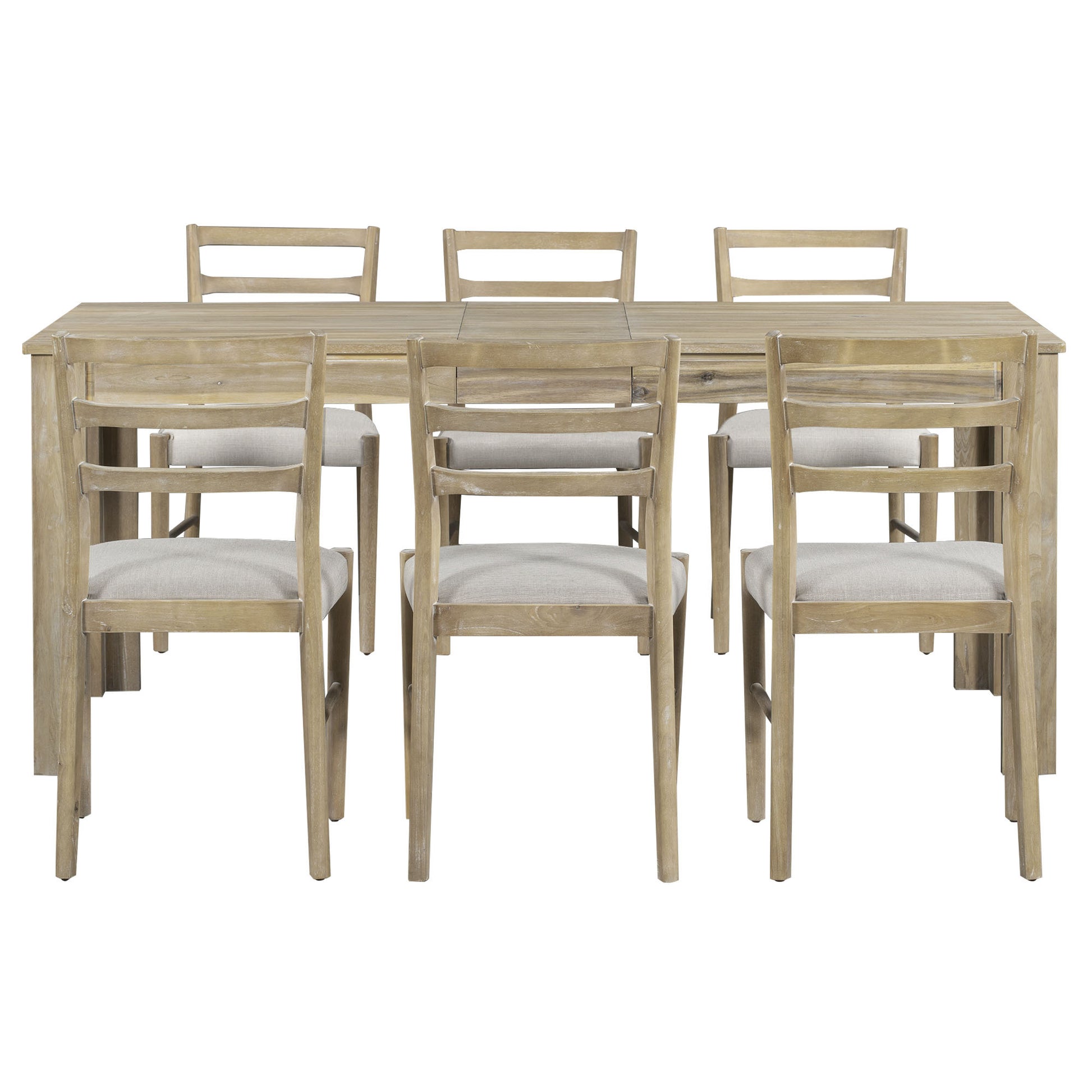 7 Piece Wooden Dining Table Set Mutifunctional Extendable Table With 12" Leaf And 2 Drawers, 6 Dining Chairs With Soft Cushion Natural Wood Wash Natural Wood Wash Solid Wood