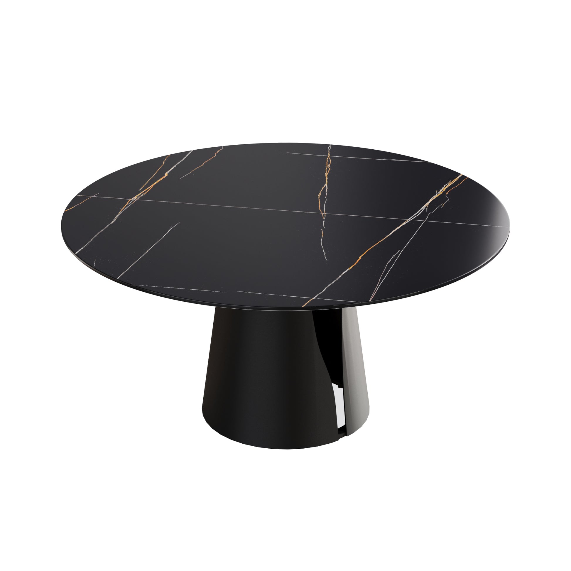 59.05"Modern Artificial Stone Round Black Carbon Steel Base Dining Table Can Accommodate 6 People Black Metal Sintered Stone