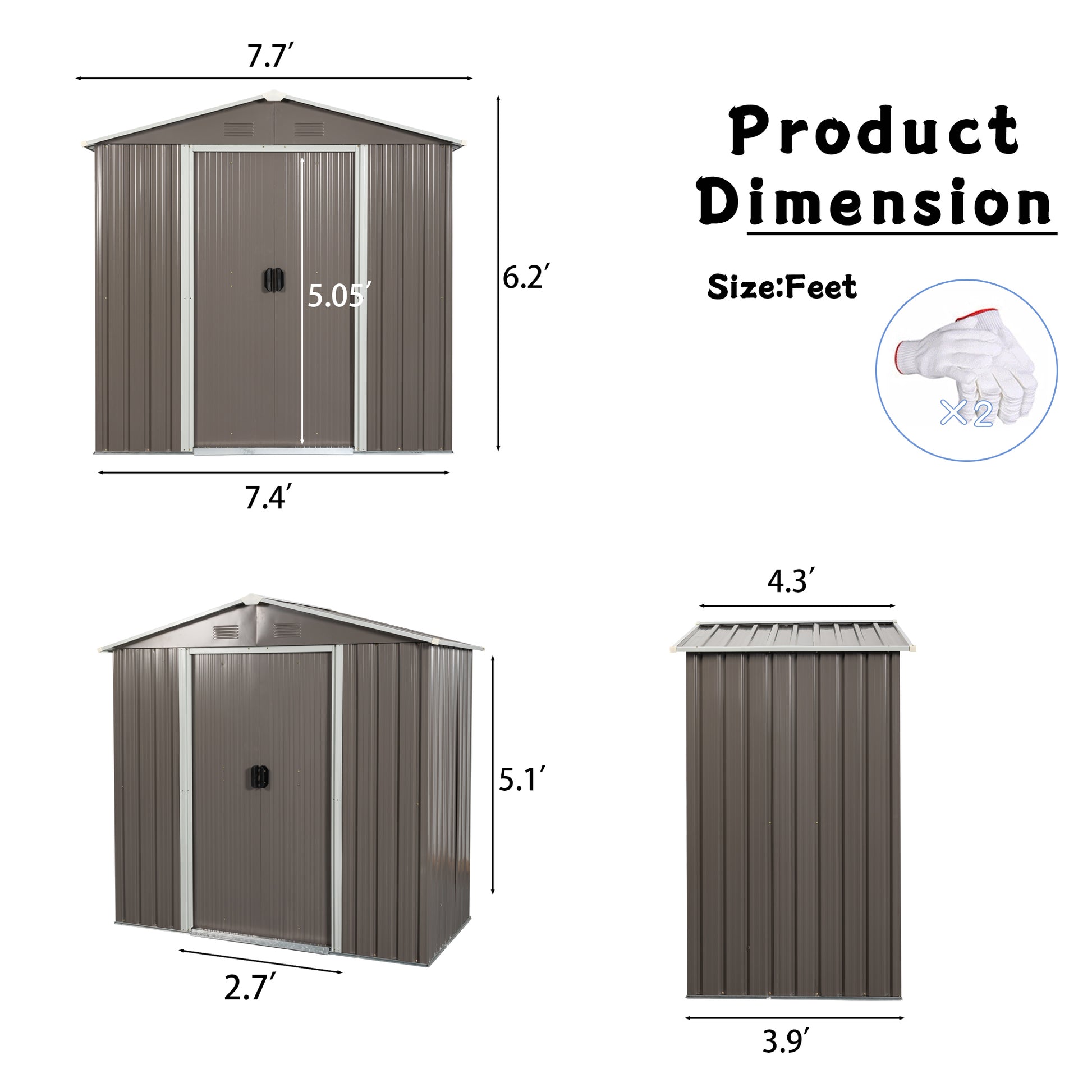 8Ft X 4Ft Outdoor Metal Storage Shed Grey Iron