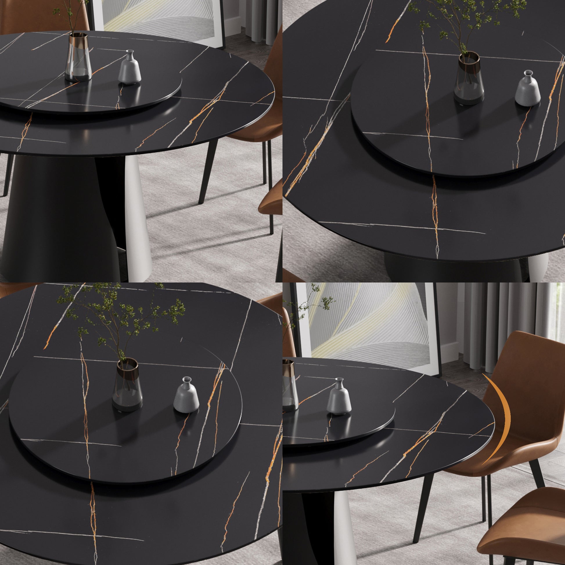 59.05"Modern Artificial Stone Round Black Carbon Steel Base Dining Table Can Accommodate 6 People 31.5"Black Artificial Stone Turntable Black Metal Sintered Stone