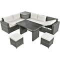 Outdoor 6 Piece All Weather Pe Rattan Sofa Set, Garden Patio Wicker Sectional Furniture Set With Adjustable Seat, Storage Box, Removable Covers And Tempered Glass Top Table, Beige Yes Complete Patio Set Beige Water Resistant Frame Water Resistant Cushion