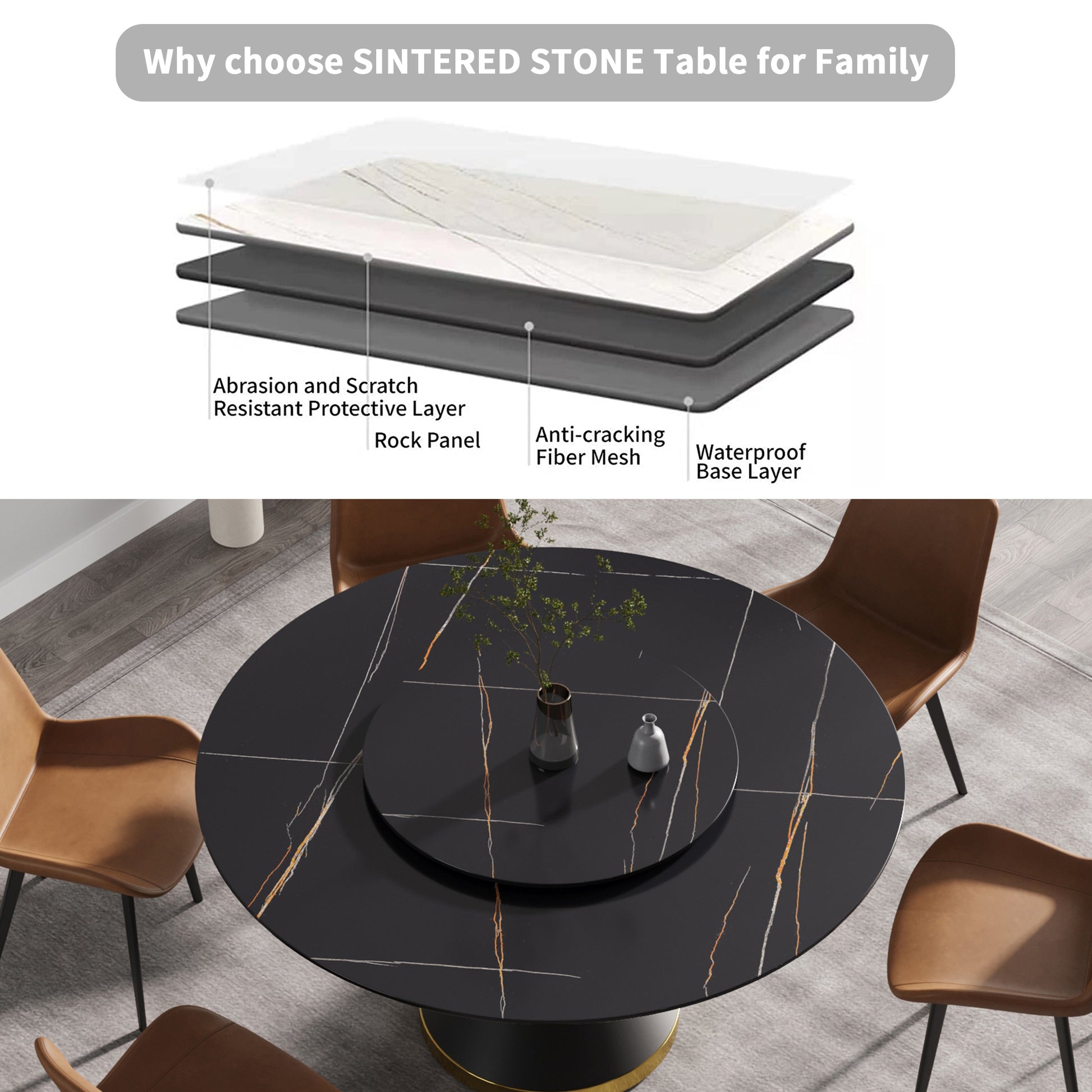 59.05"Modern Artificial Stone Round Black Carbon Steel Base Dining Table Can Accommodate 6 People 31.5"Black Artificial Stone Turntable Black Metal Marble