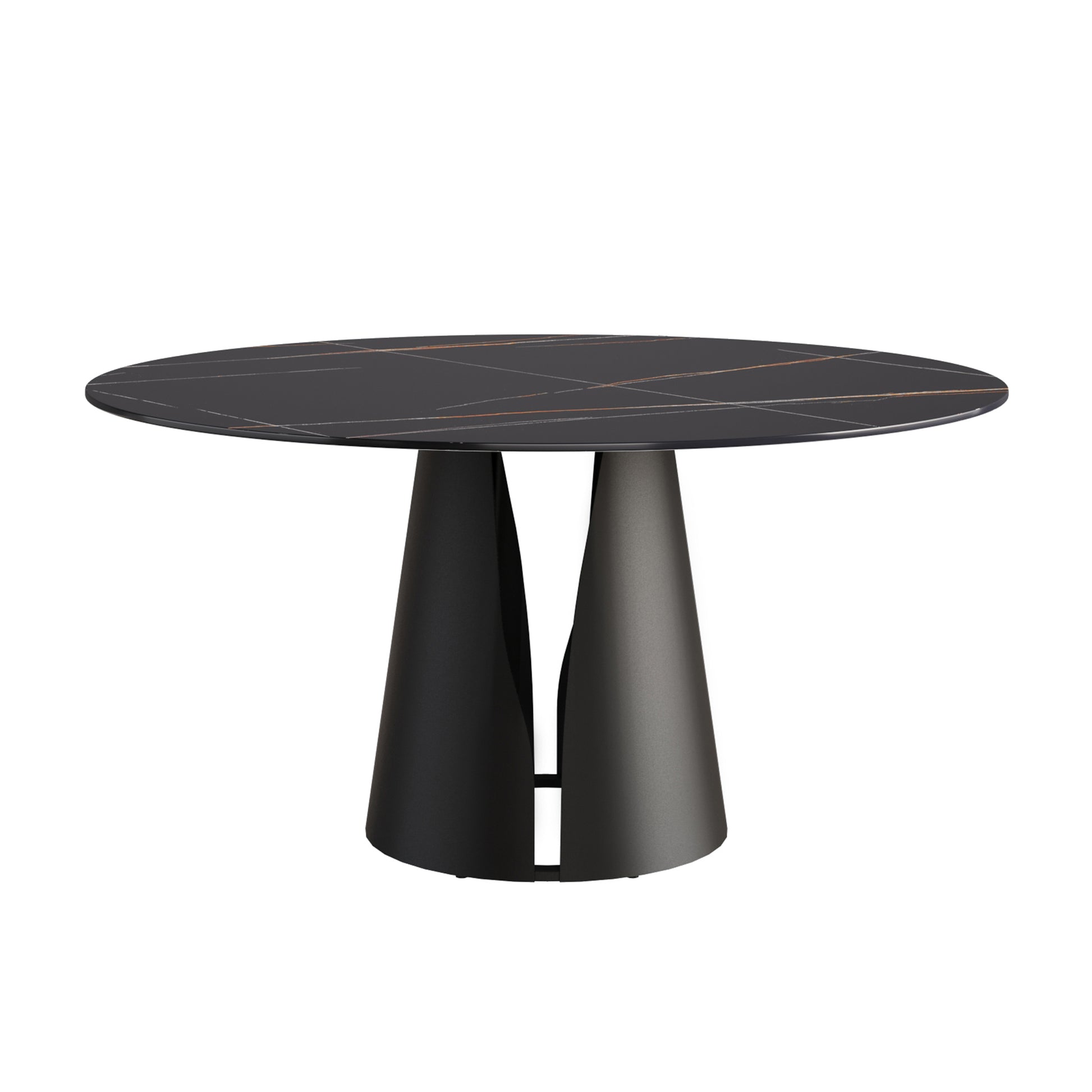 59.05"Modern Artificial Stone Round Black Carbon Steel Base Dining Table Can Accommodate 6 People Black Metal Sintered Stone