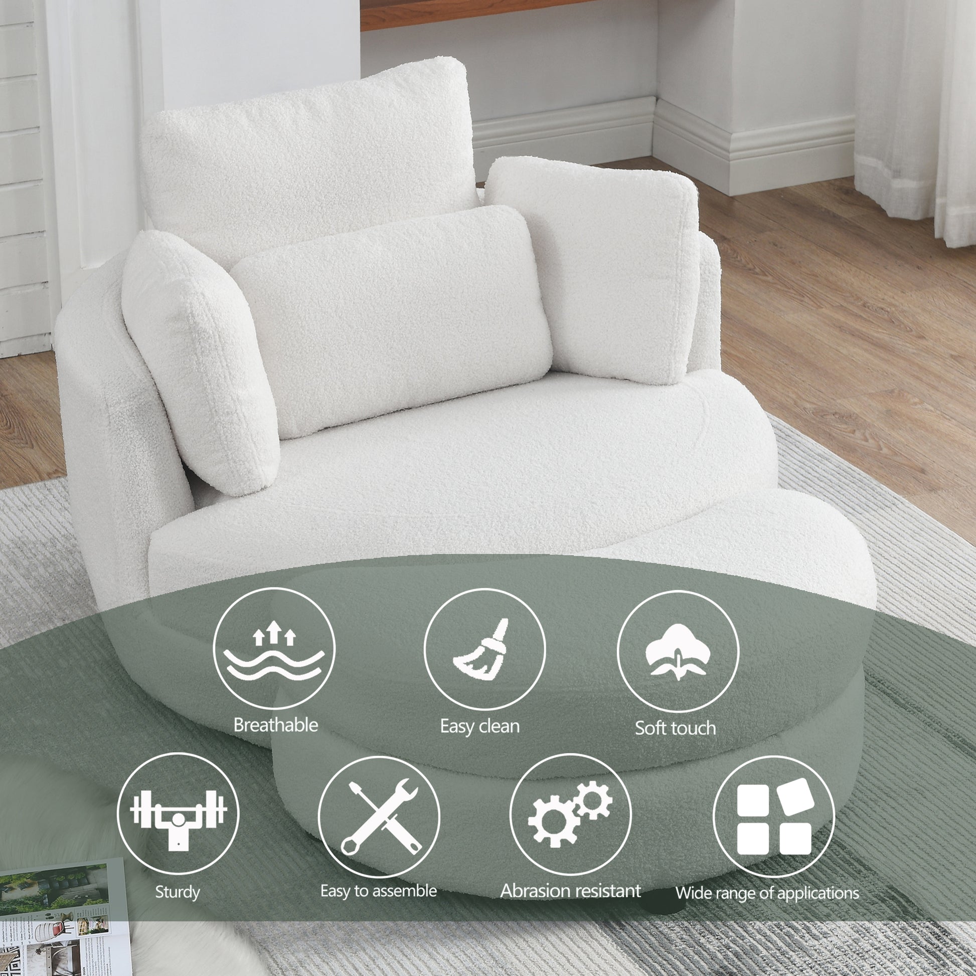 39"W Oversized Swivel Chair With Moon Storage Ottoman For Living Room, Modern Accent Round Loveseat Circle Swivel Barrel Chairs For Bedroom Cuddle Sofa Chair Lounger Armchair, 4 Pillows, Teddy Fabric Ivory Foam Fabric