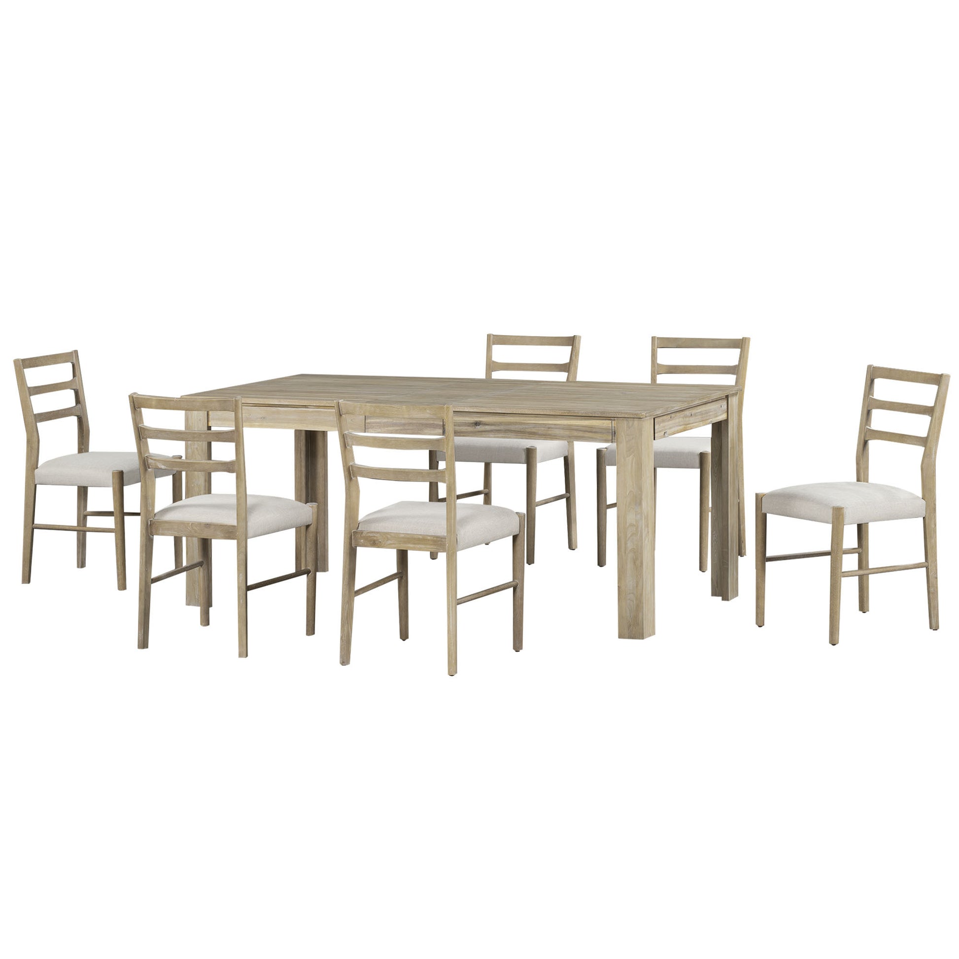 7 Piece Wooden Dining Table Set Mutifunctional Extendable Table With 12" Leaf And 2 Drawers, 6 Dining Chairs With Soft Cushion Natural Wood Wash Natural Wood Wash Solid Wood