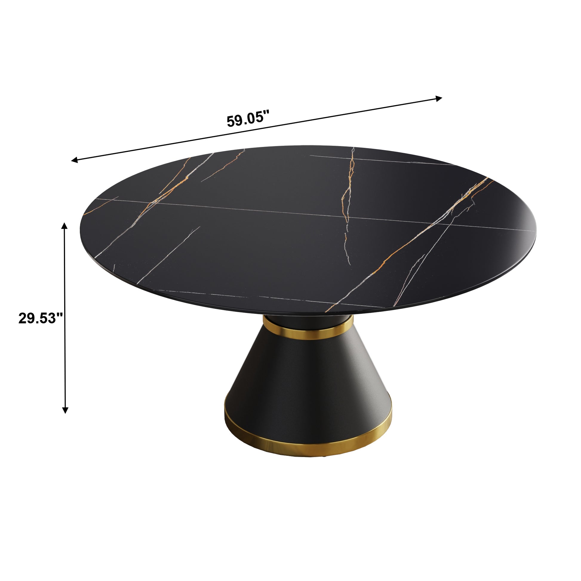 59.05"Modern Artificial Stone Round Black Carbon Steel Base Dining Table Can Accommodate 6 People Black Metal Sintered Stone