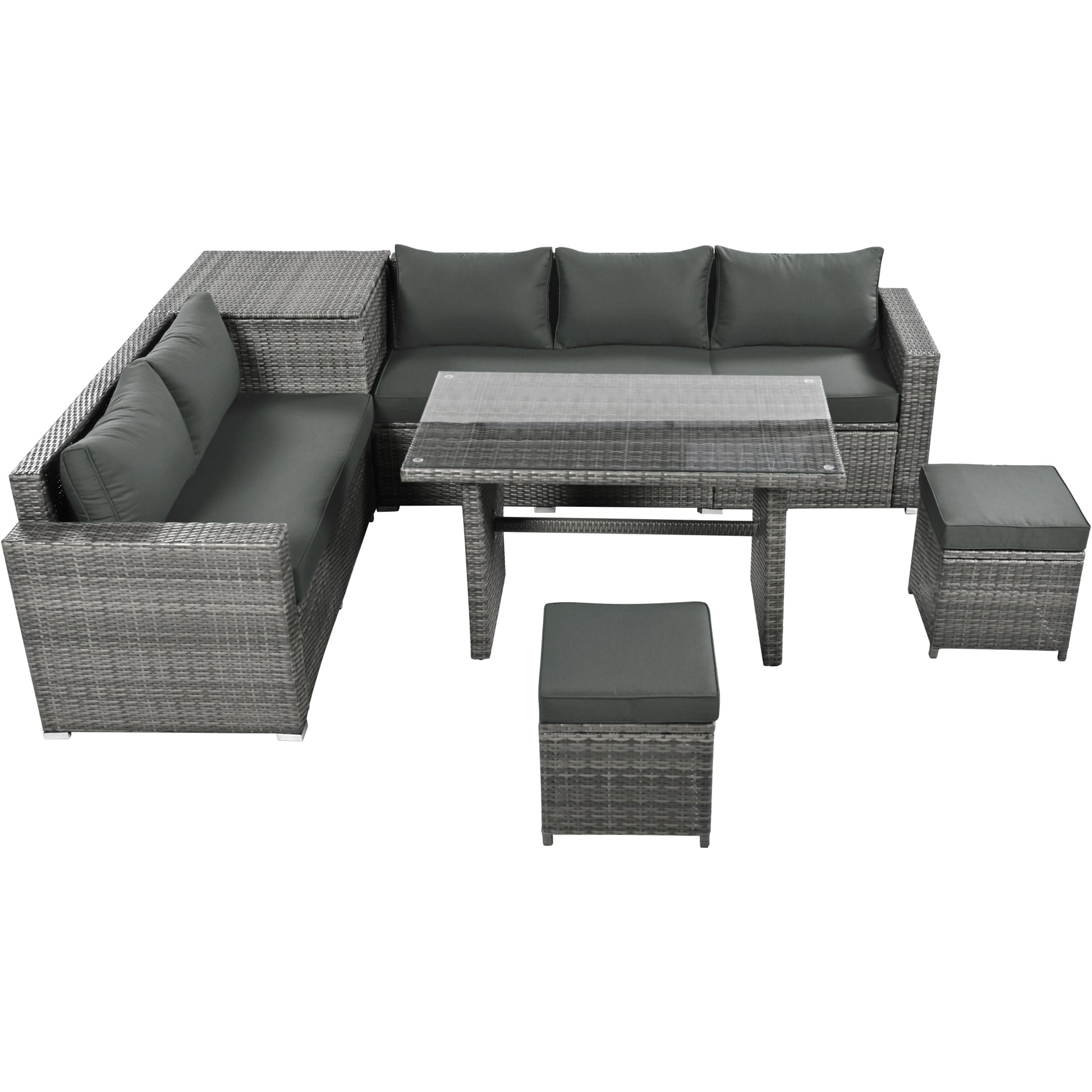 Outdoor 6 Piece All Weather Pe Rattan Sofa Set, Garden Patio Wicker Sectional Furniture Set With Adjustable Seat, Storage Box, Removable Covers And Tempered Glass Top Table,Grey Yes Complete Patio