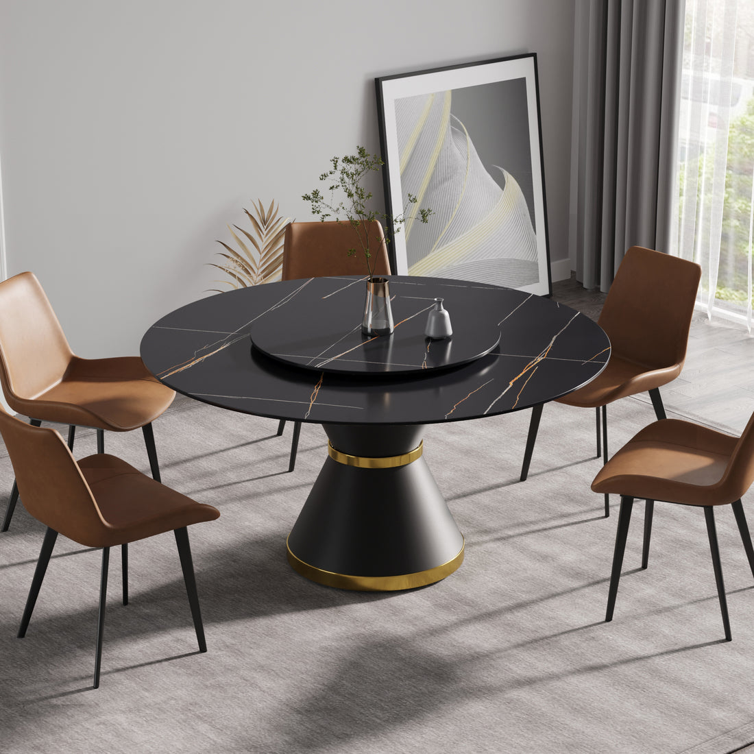 59.05"Modern Artificial Stone Round Black Carbon Steel Base Dining Table Can Accommodate 6 People 31.5"Black Artificial Stone Turntable Black Metal Marble