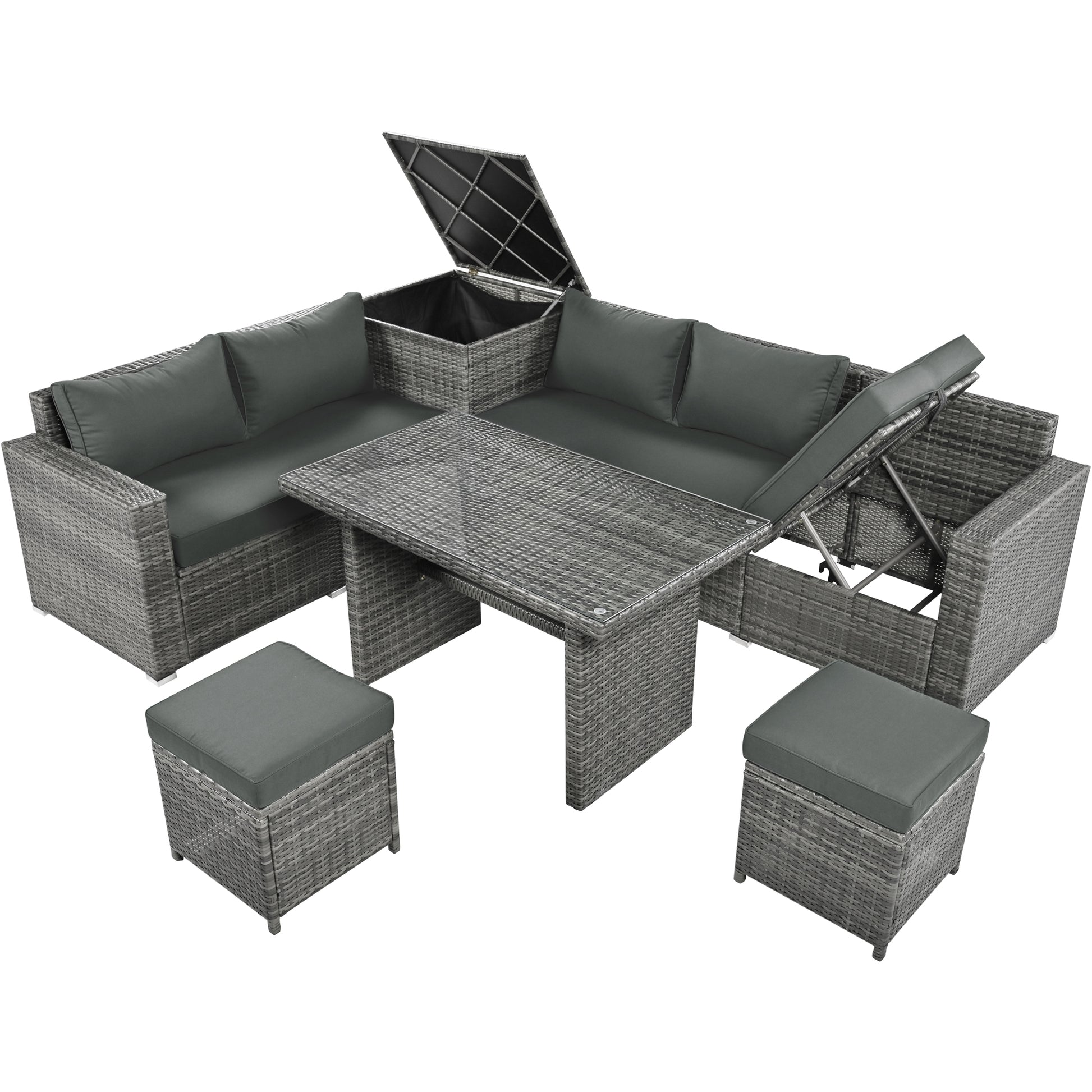 Outdoor 6 Piece All Weather Pe Rattan Sofa Set, Garden Patio Wicker Sectional Furniture Set With Adjustable Seat, Storage Box, Removable Covers And Tempered Glass Top Table,Grey Yes Complete Patio