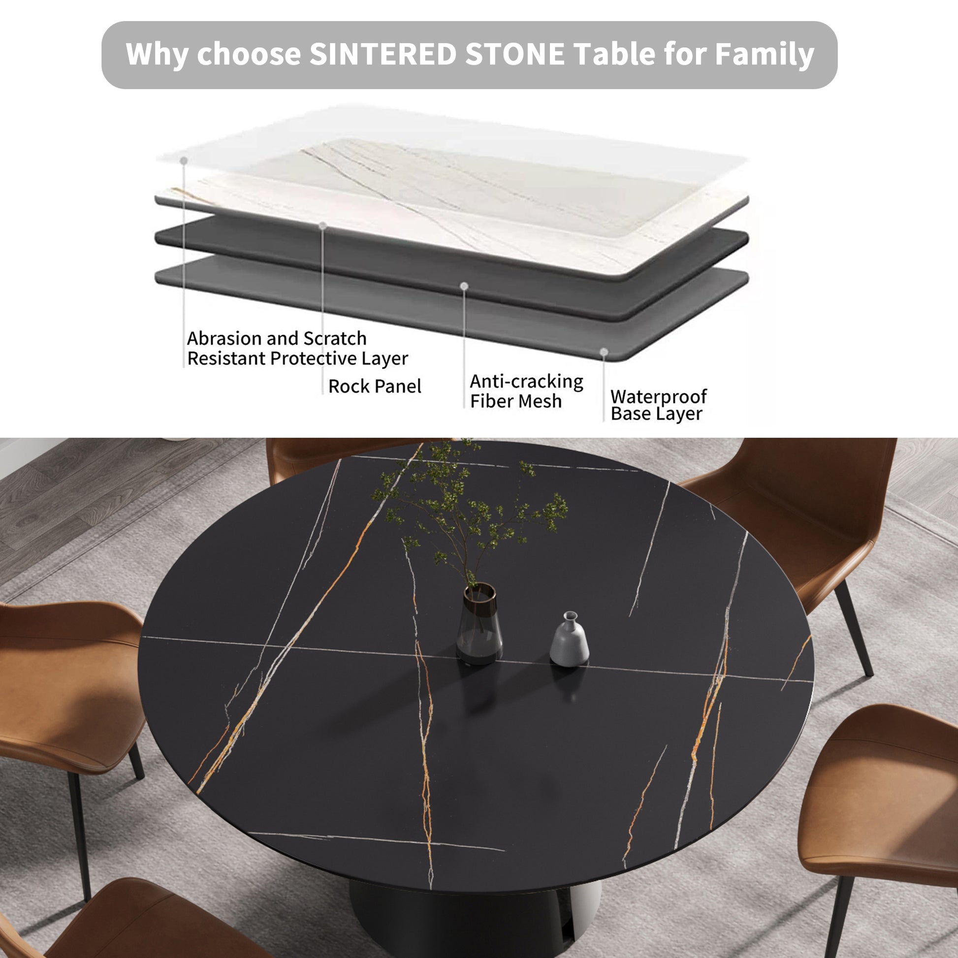 59.05"Modern Artificial Stone Round Black Carbon Steel Base Dining Table Can Accommodate 6 People Black Metal Sintered Stone