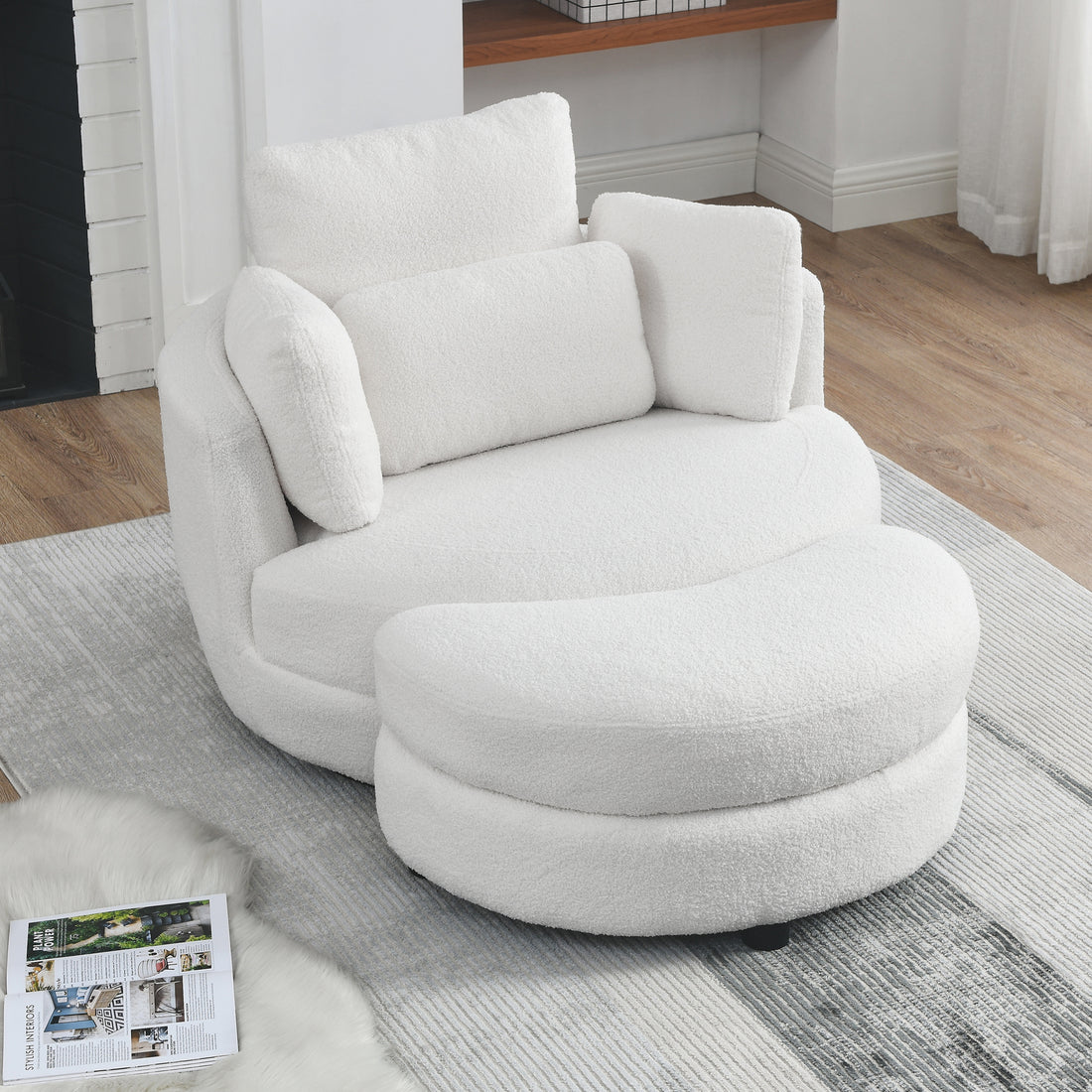 39"W Oversized Swivel Chair With Moon Storage Ottoman For Living Room, Modern Accent Round Loveseat Circle Swivel Barrel Chairs For Bedroom Cuddle Sofa Chair Lounger Armchair, 4 Pillows, Teddy Fabric Ivory Foam Fabric