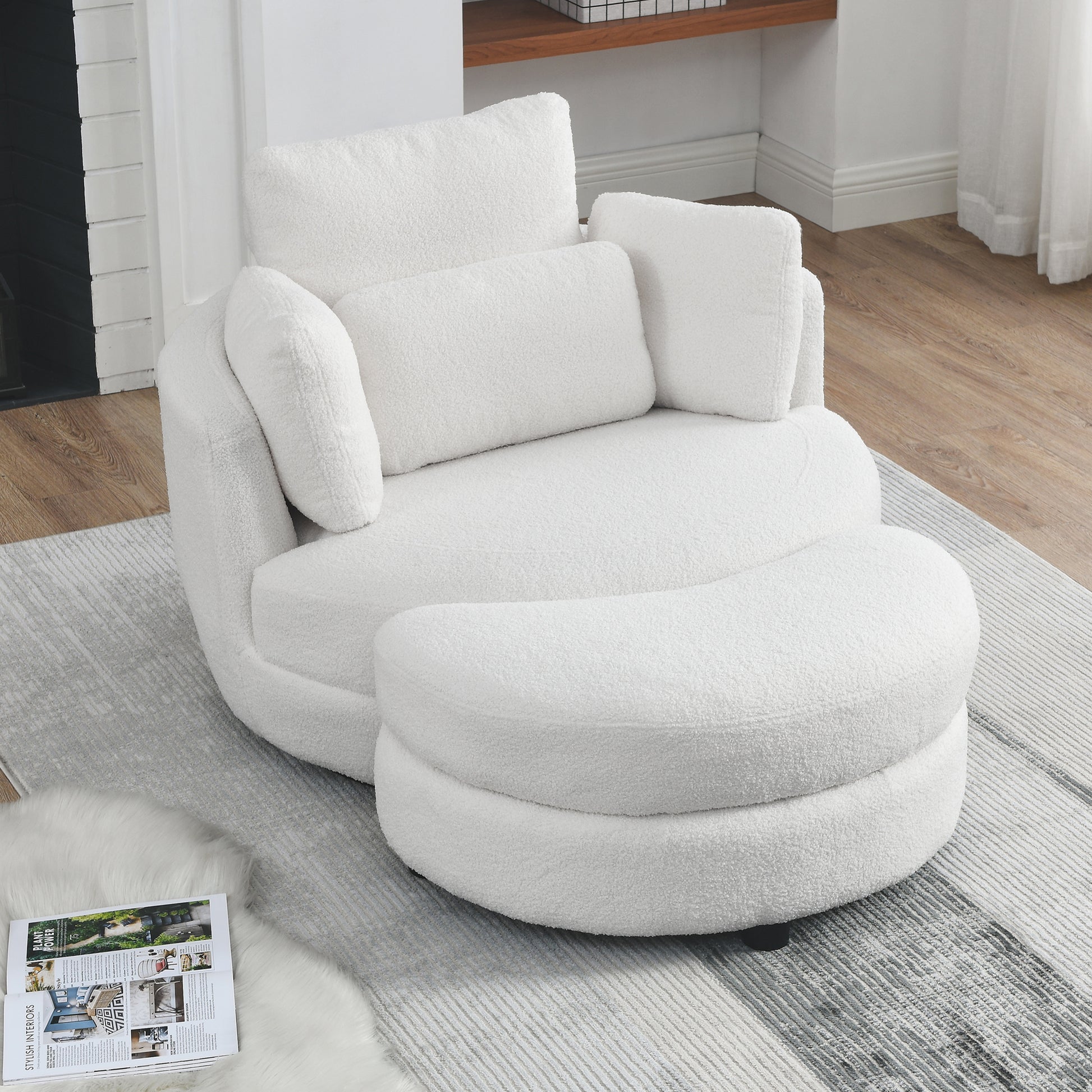 39"W Oversized Swivel Chair With Moon Storage Ottoman For Living Room, Modern Accent Round Loveseat Circle Swivel Barrel Chairs For Bedroom Cuddle Sofa Chair Lounger Armchair, 4 Pillows, Teddy Fabric Ivory Foam Fabric
