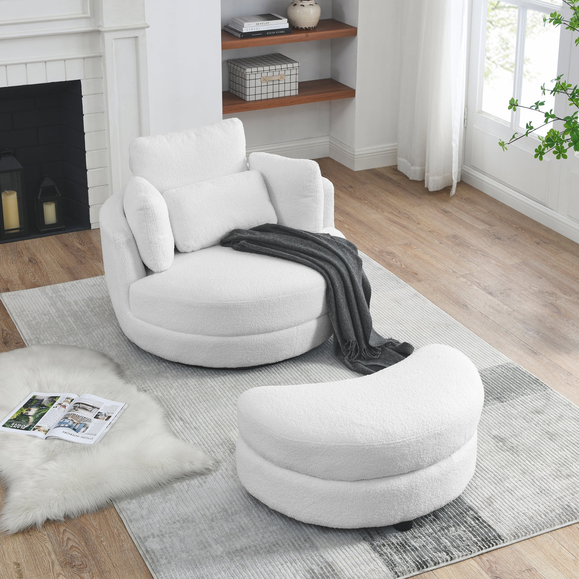39"W Oversized Swivel Chair With Moon Storage Ottoman For Living Room, Modern Accent Round Loveseat Circle Swivel Barrel Chairs For Bedroom Cuddle Sofa Chair Lounger Armchair, 4 Pillows, Teddy Fabric Ivory Foam Fabric