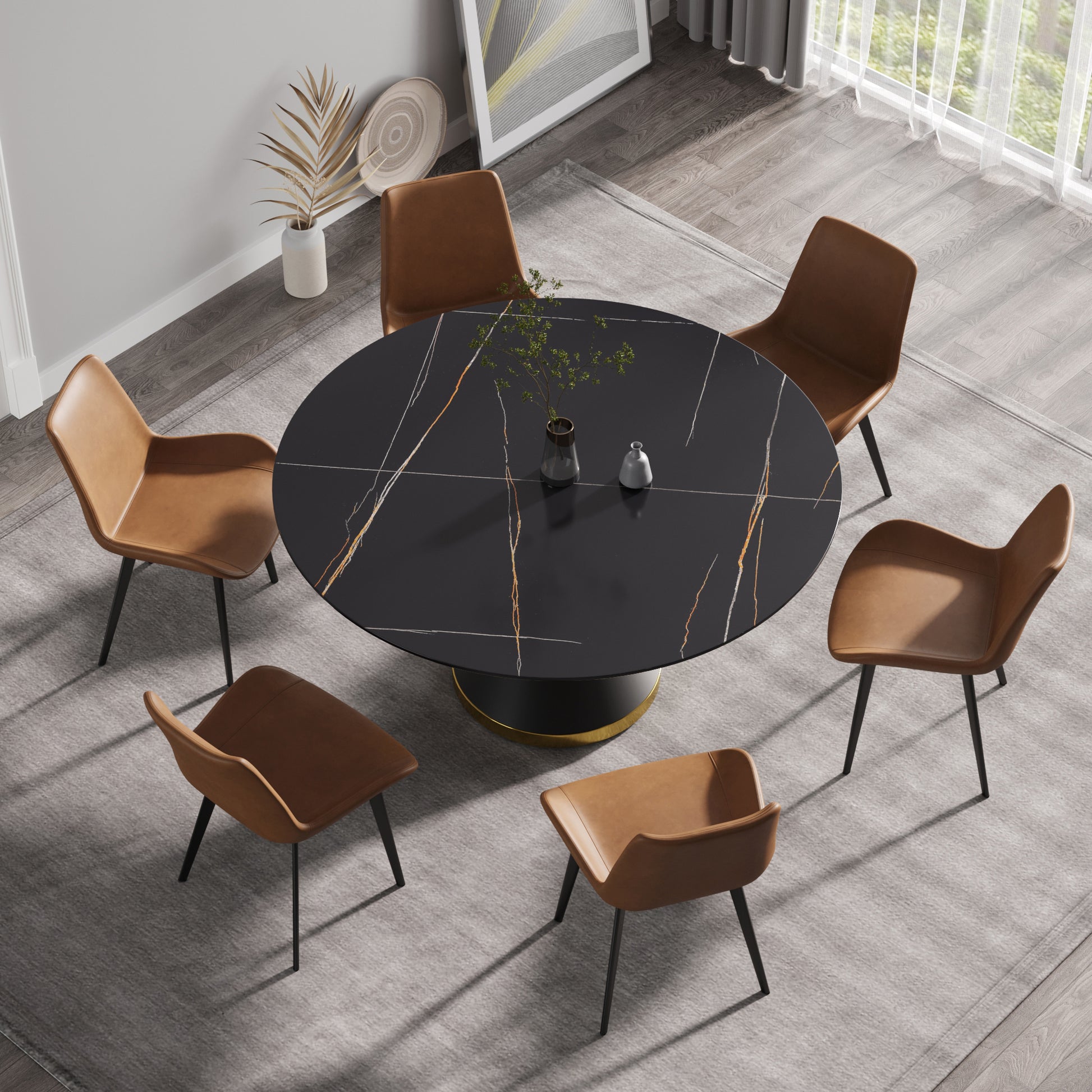 59.05"Modern Artificial Stone Round Black Carbon Steel Base Dining Table Can Accommodate 6 People Black Metal Sintered Stone