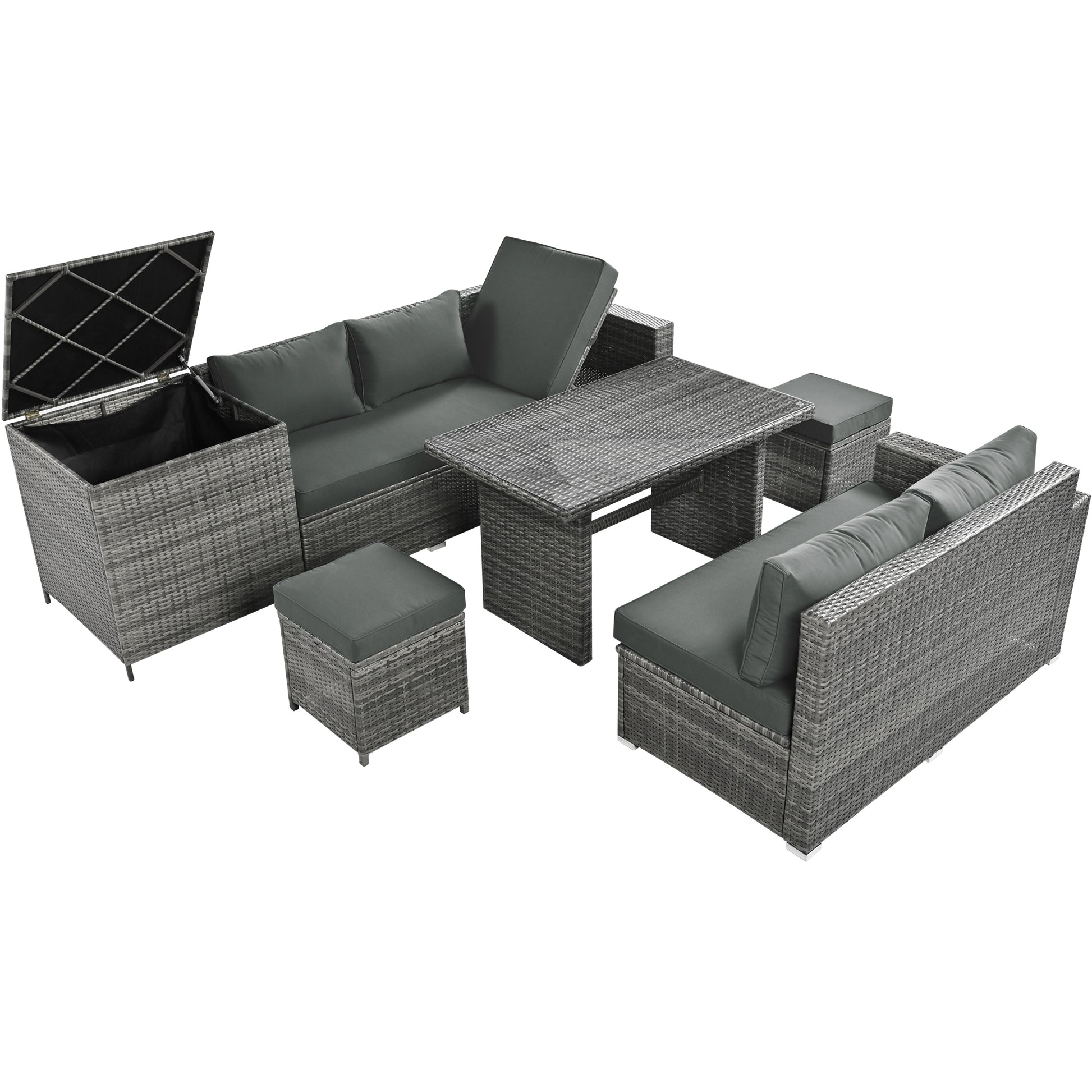 Outdoor 6 Piece All Weather Pe Rattan Sofa Set, Garden Patio Wicker Sectional Furniture Set With Adjustable Seat, Storage Box, Removable Covers And Tempered Glass Top Table,Grey Yes Complete Patio