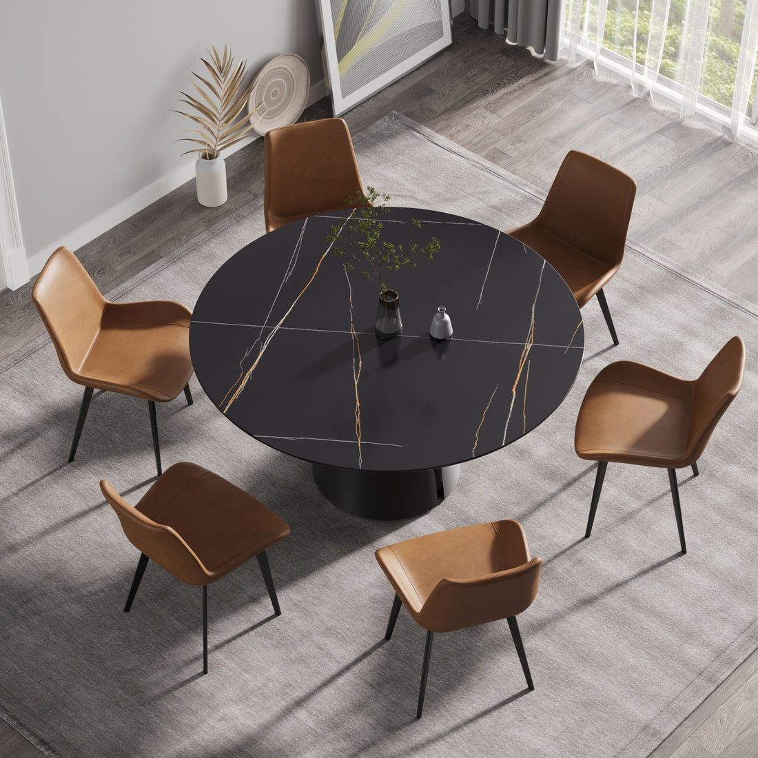 59.05"Modern Artificial Stone Round Black Carbon Steel Base Dining Table Can Accommodate 6 People Black Metal Sintered Stone